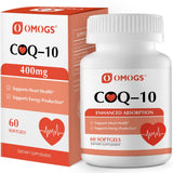 OMOGS CoQ10 400 mg, bouteille des capsules molles, soutien potentiel au cœur et énergie.