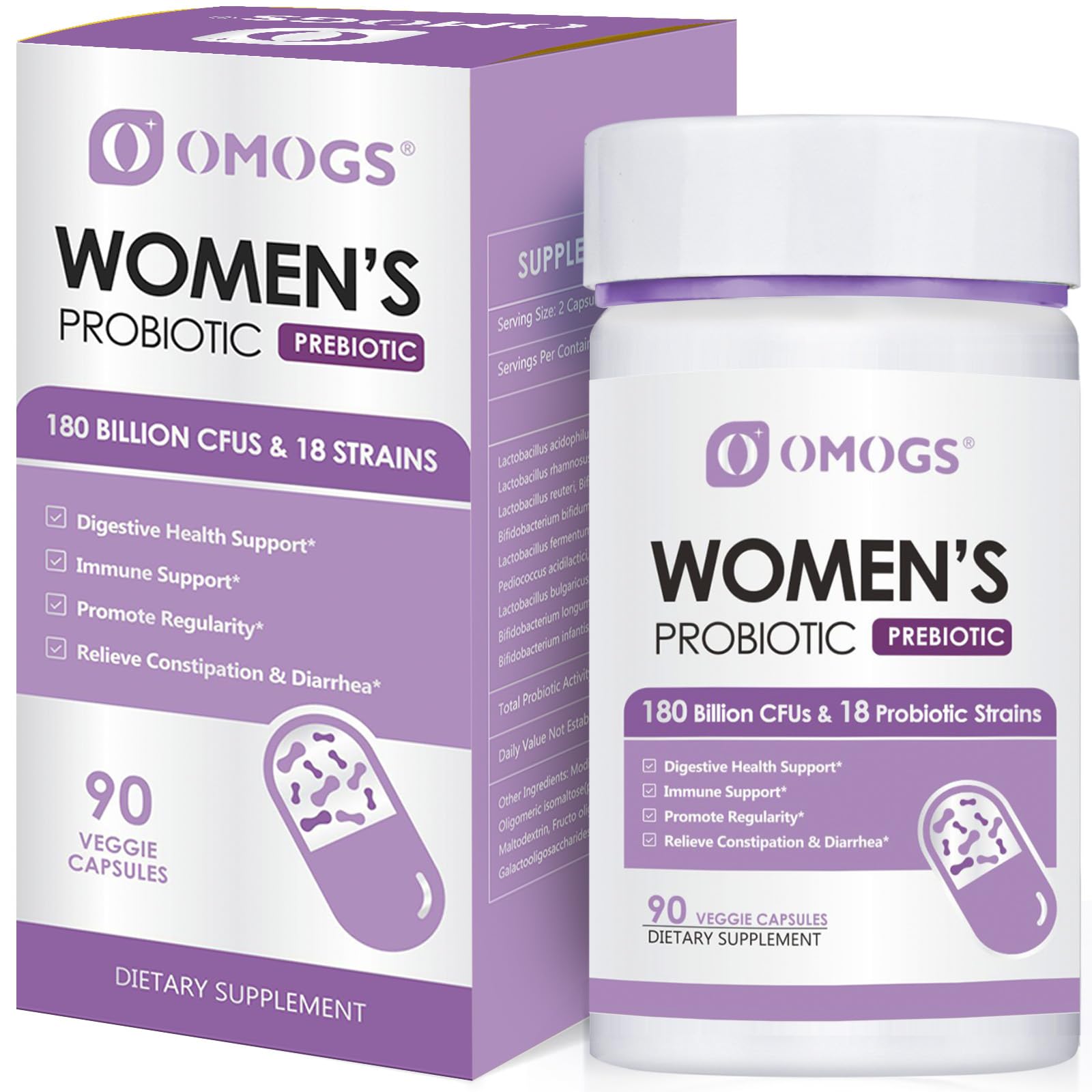 OMOGS Probiotiques Femmes - boîte et capsules, soutien digestif potentiel.