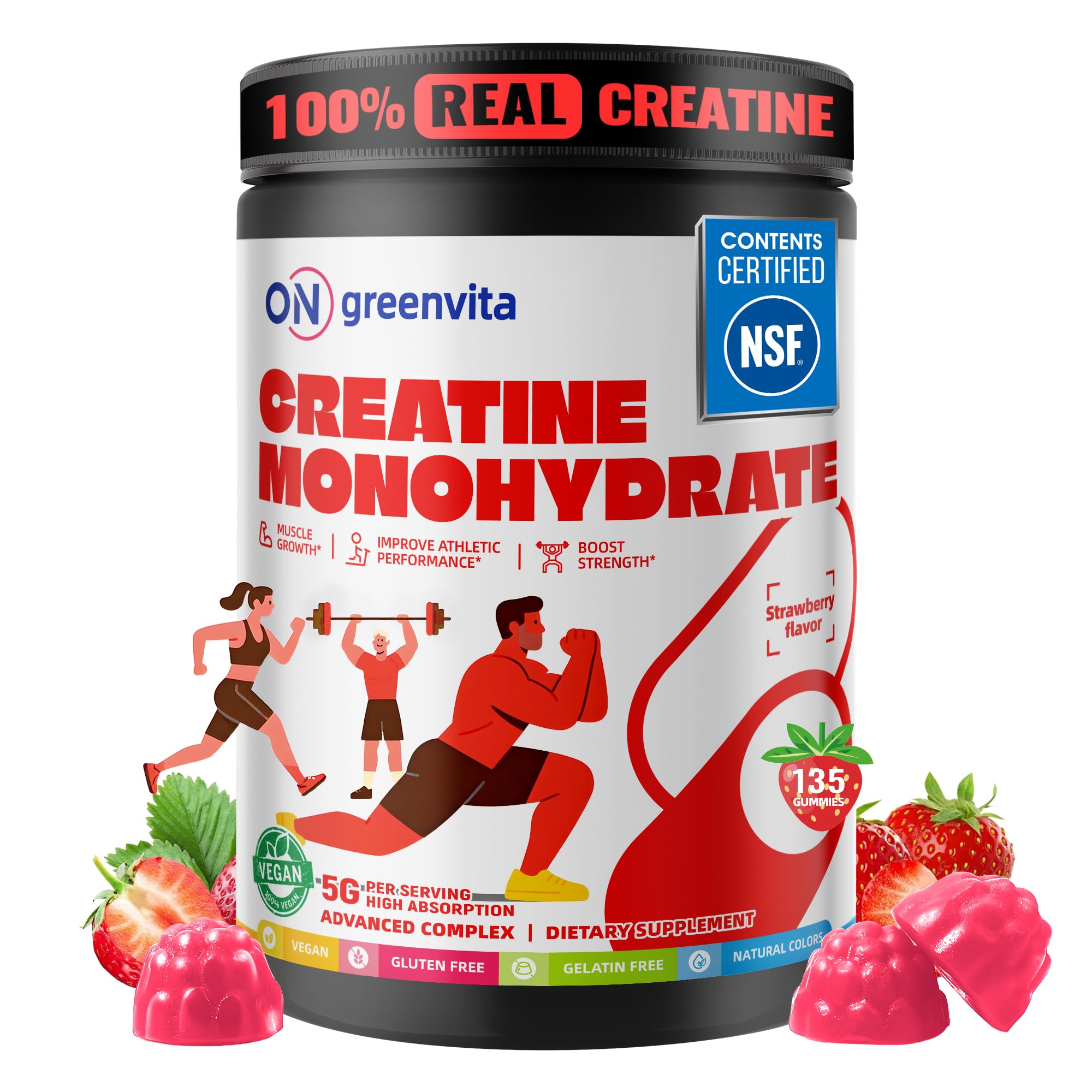 On Greenvita Créatine Gummy – bouteille fraise, soutien potentiel à l’endurance et à la concentration.