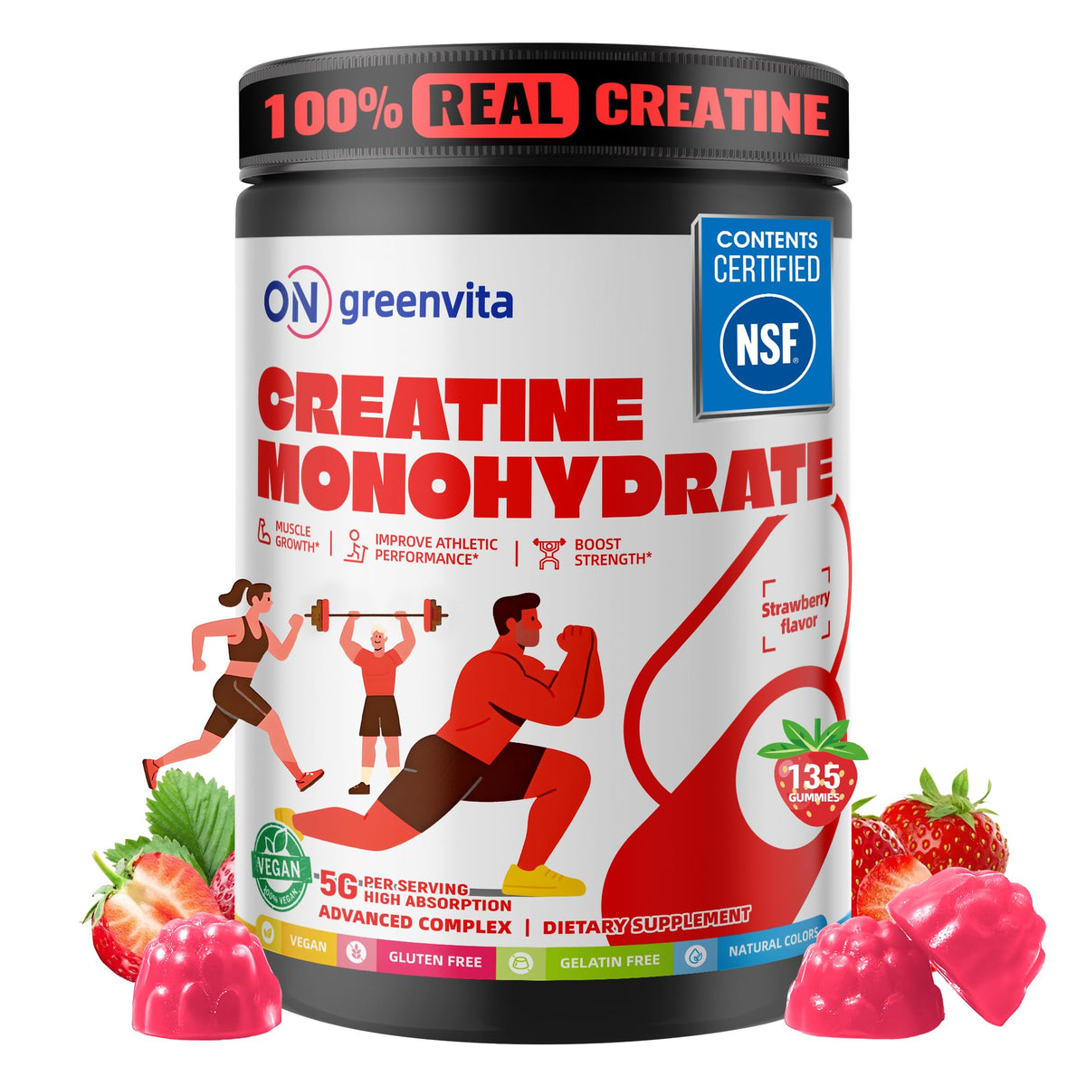 On Greenvita Créatine Gummy – bouteille fraise, soutien potentiel à l’endurance et à la concentration.