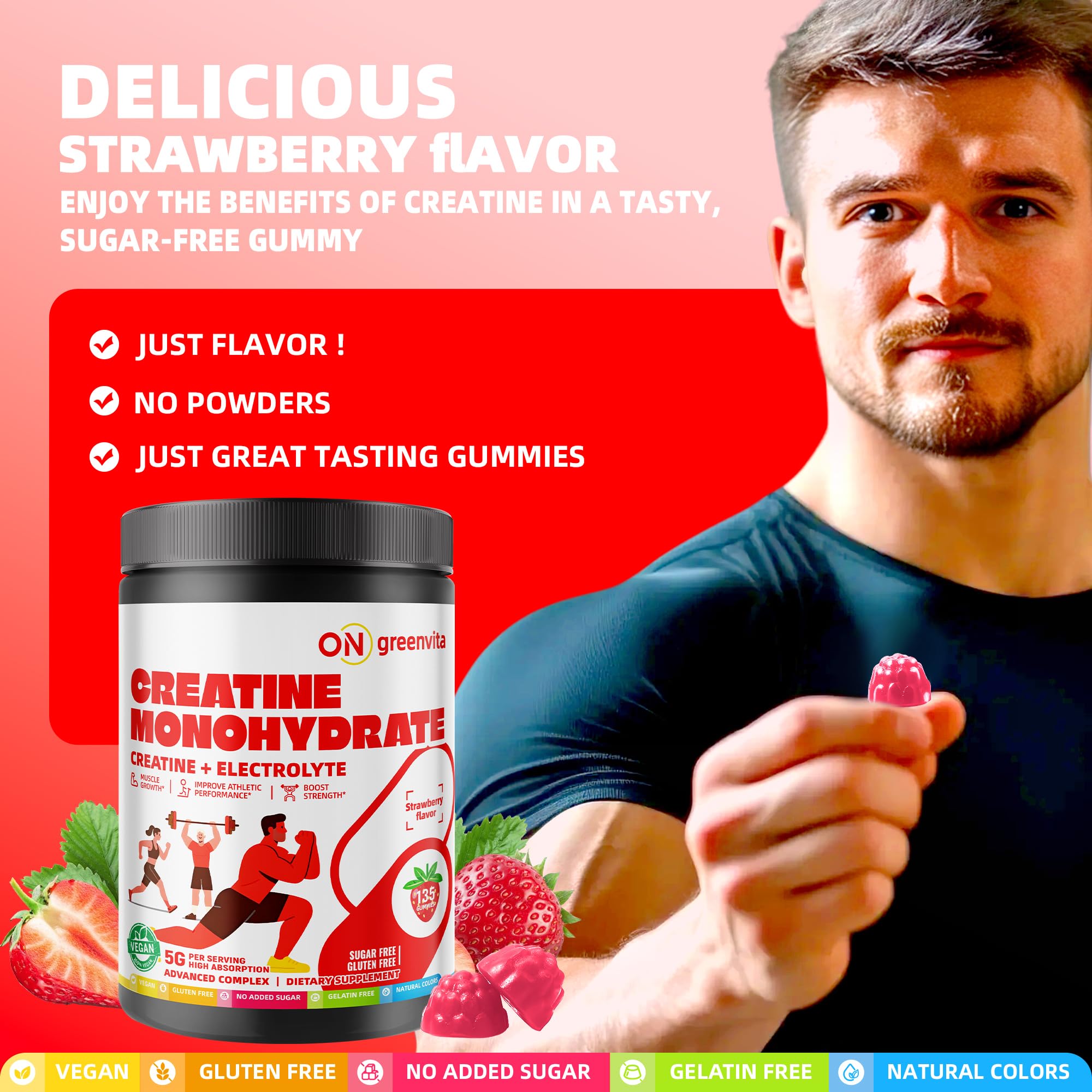 On Greenvita Créatine Gummy – dose de 5 g par portion pour une utilisation simple.