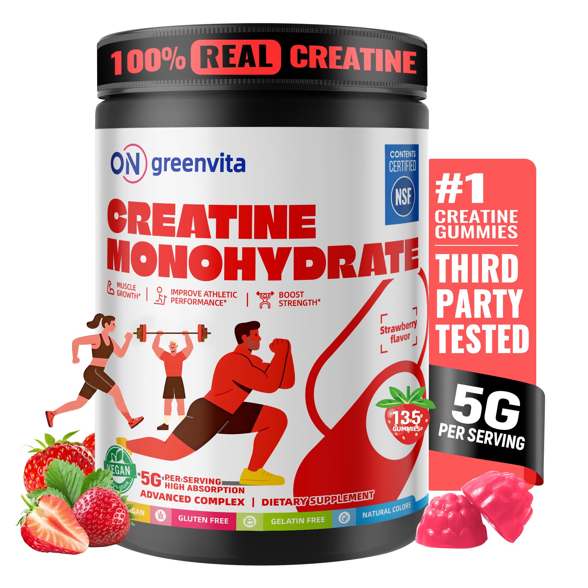 On Greenvita Créatine Gummy – goût fraise agréable, expérience quotidienne plaisante.