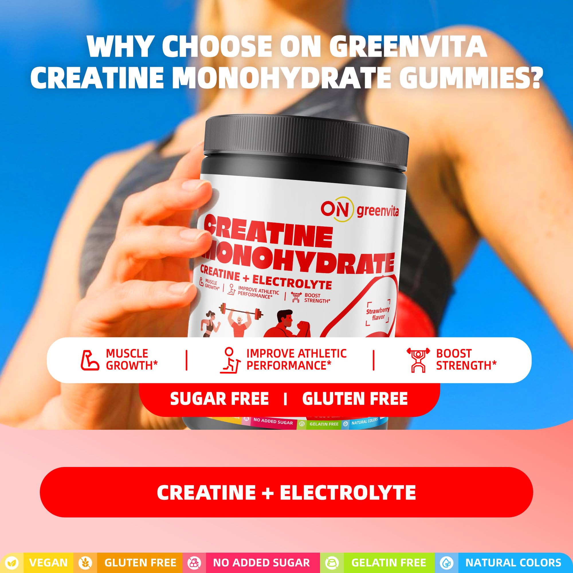 On Greenvita Créatine Gummy – sans gluten et sans OGM, adaptée à divers régimes.
