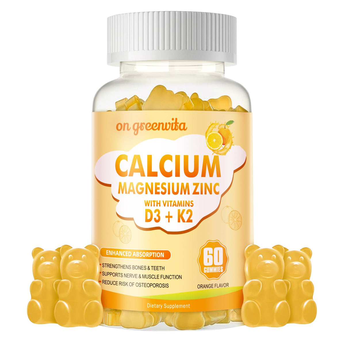 Gummies On Greenvita Calcium Magnésium Zinc en bouteille, apport quotidien.