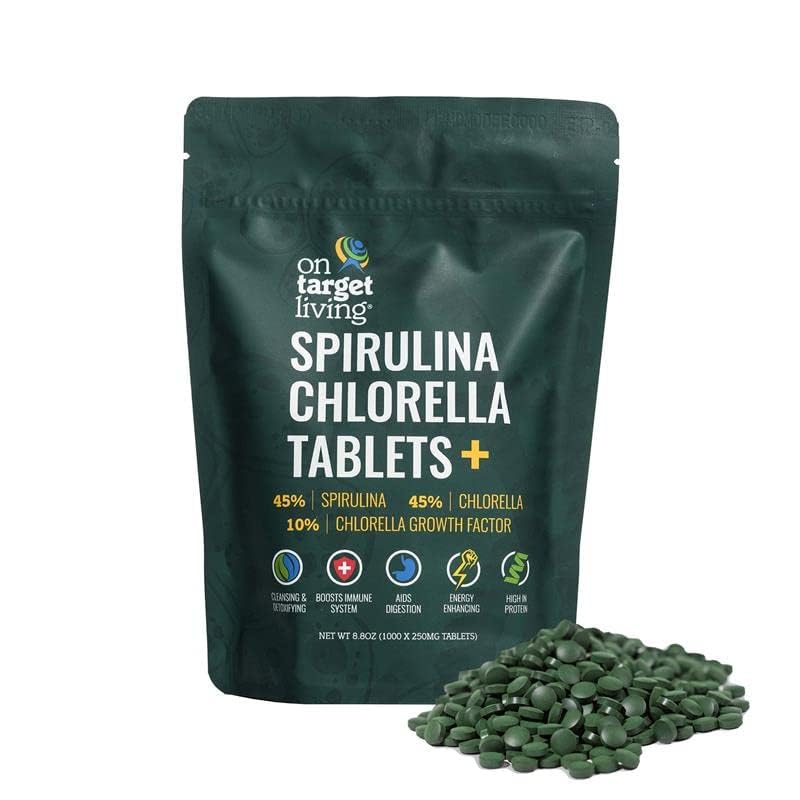 On Target Living Spiruline Chlorella CGF – Bouteille pratique pour l'apport nutritionnel quotidien.