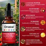 Étiquette végane et biologique sur ONAiSE Cayenne Drops, mentionnant les ingrédients d'origine végétale.