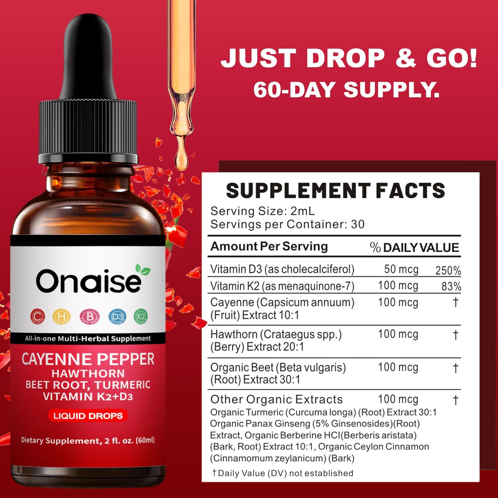 ONAiSE Cayenne Drops, pipette prête à libérer une goutte précise pour dosage facile.