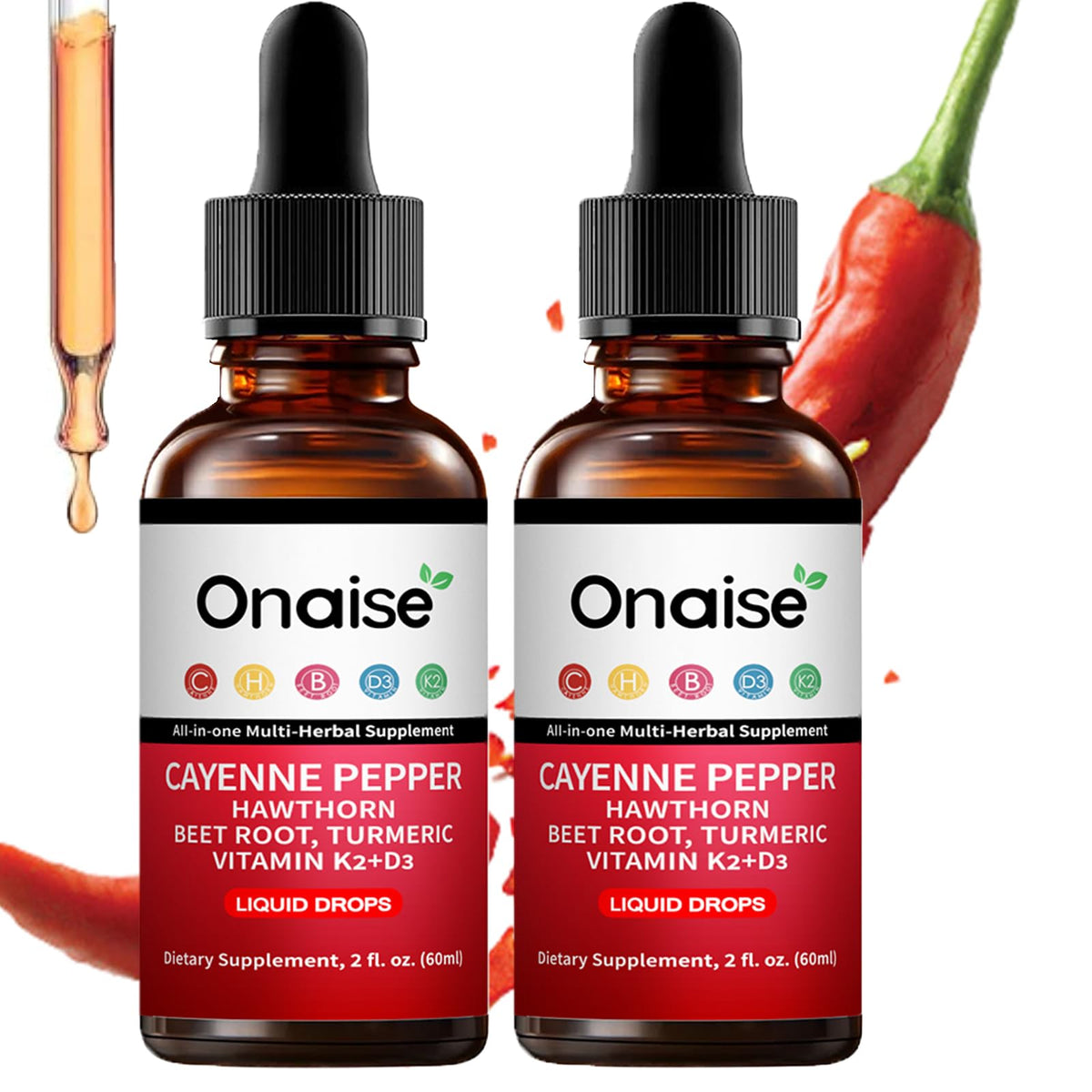 Gouttes Cayenne ONAISE en bouteille, énergie naturelle et quotidiennement utilisées.