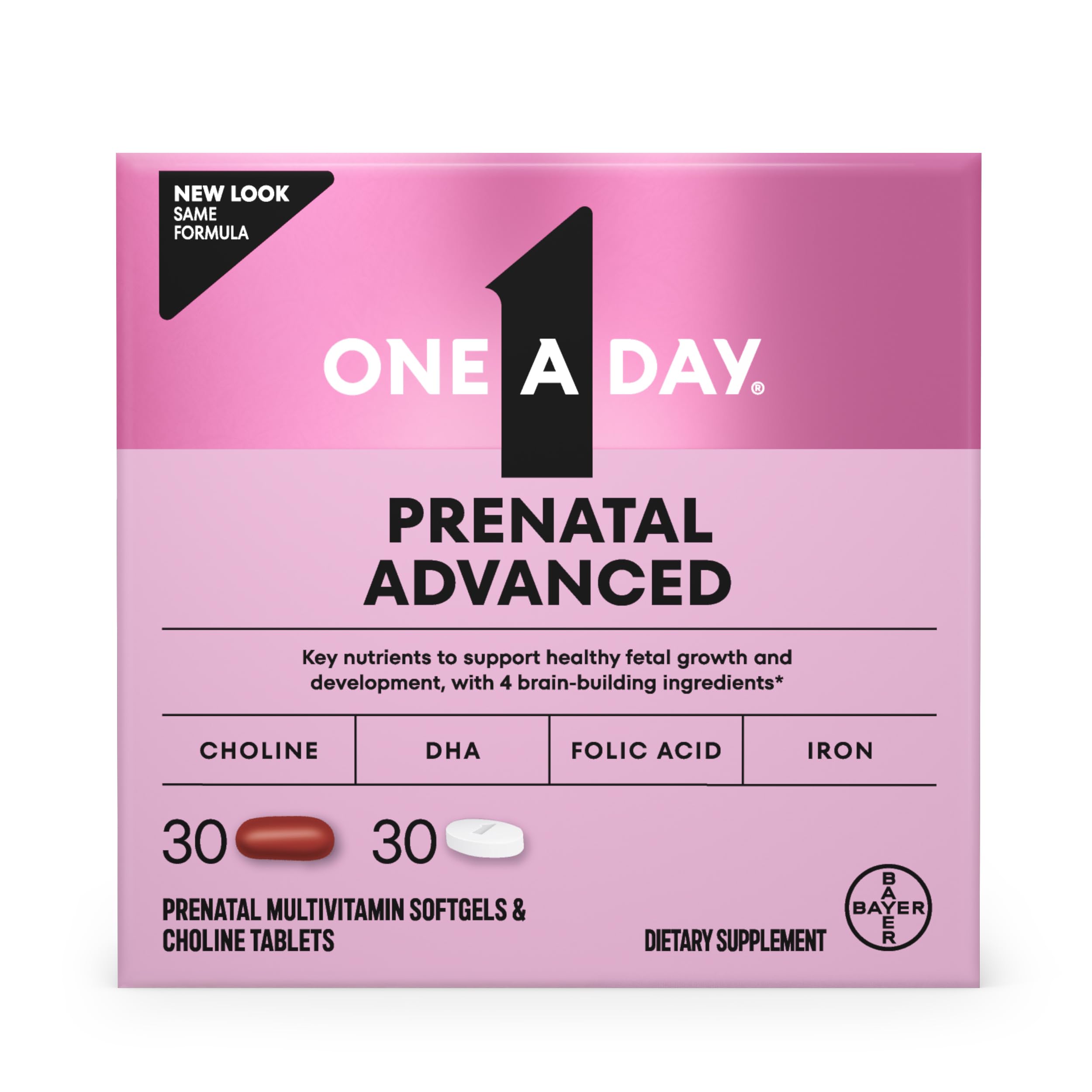 ONE A DAY Prenatal Advanced – Bouteille avant, formulation complète pour soutenir le développement cérébral.