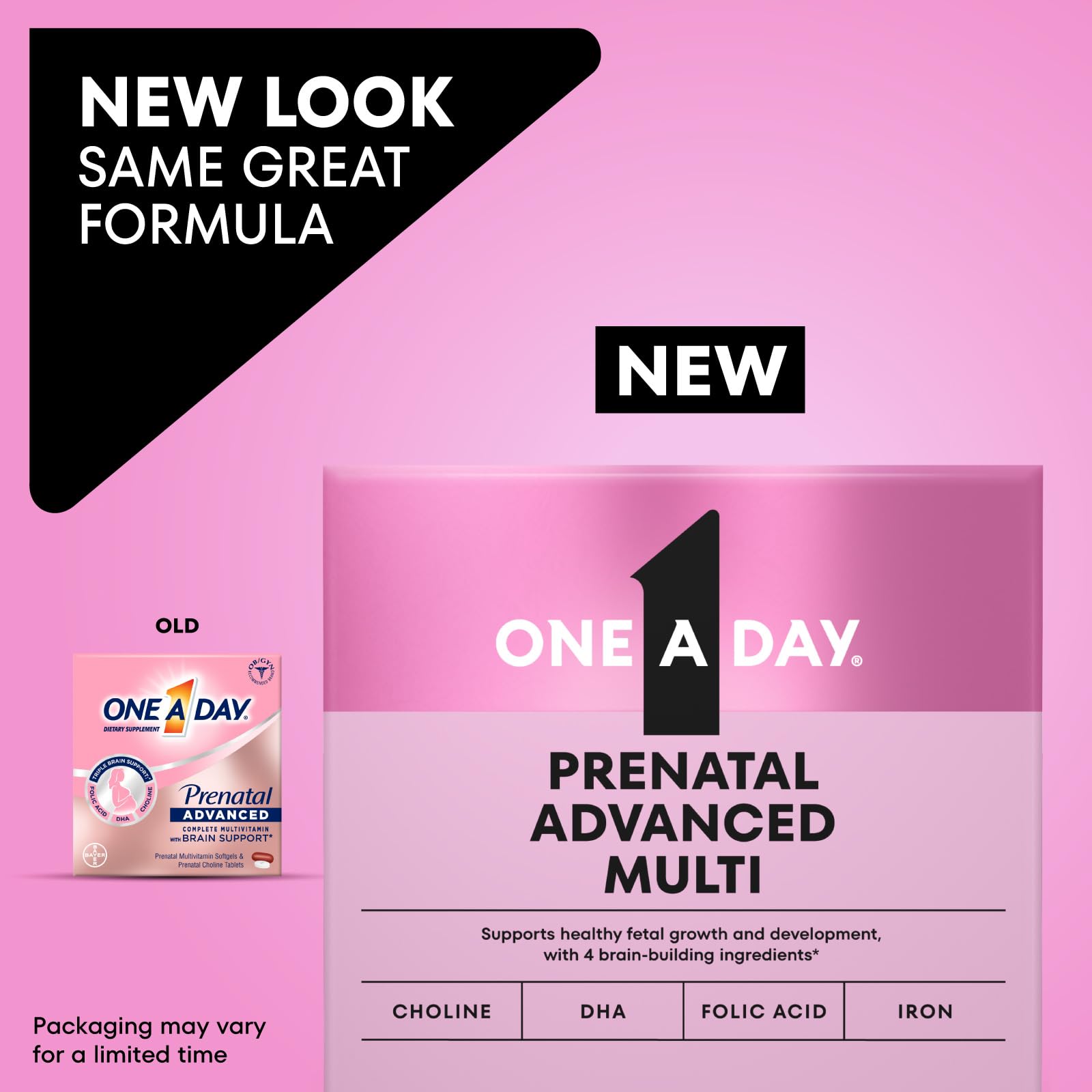 ONE A DAY Prenatal Advanced – Bouteille côté, accès facile à une routine quotidienne.