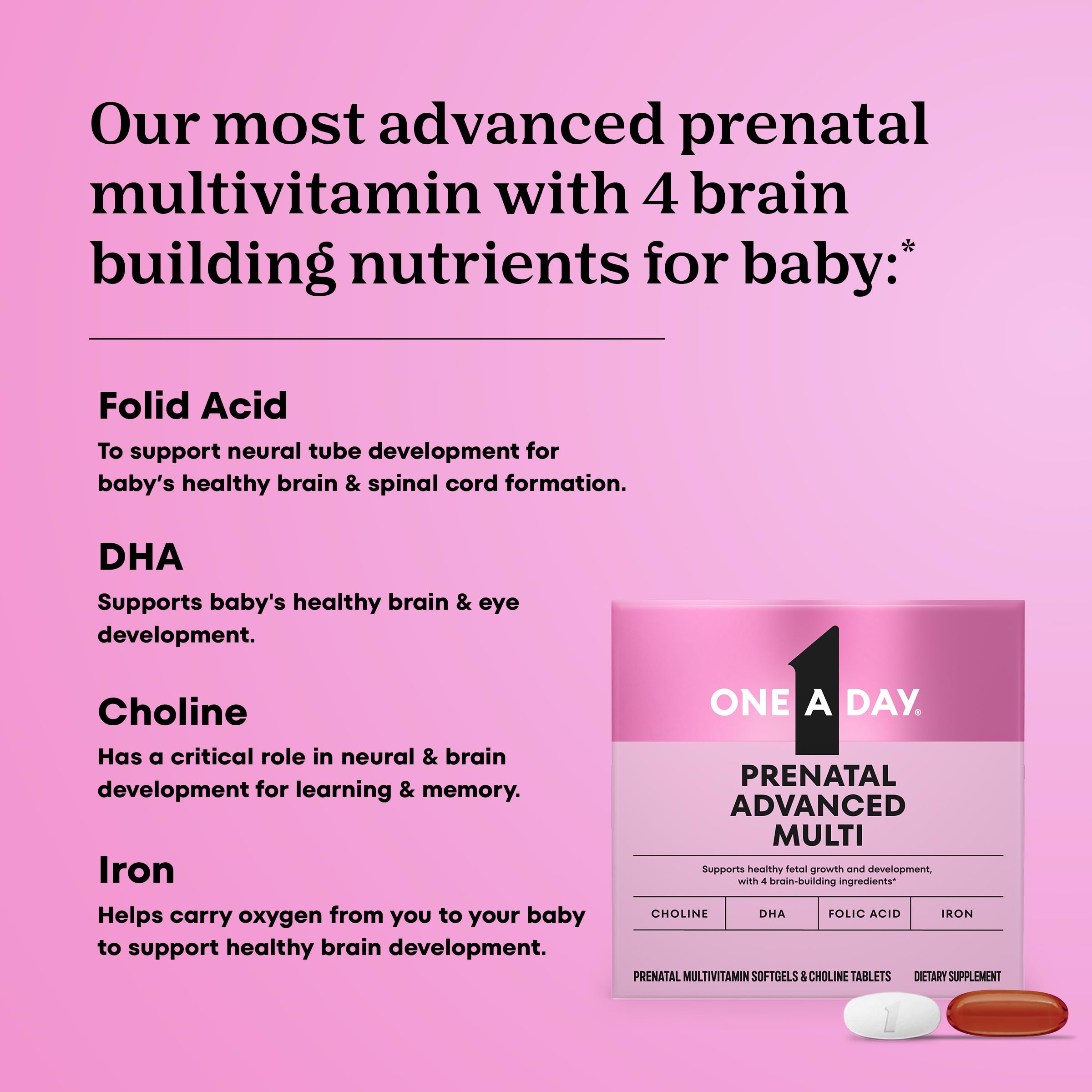 ONE A DAY Prenatal Advanced – Softgels, dosage quotidien pratique et digestion légère.