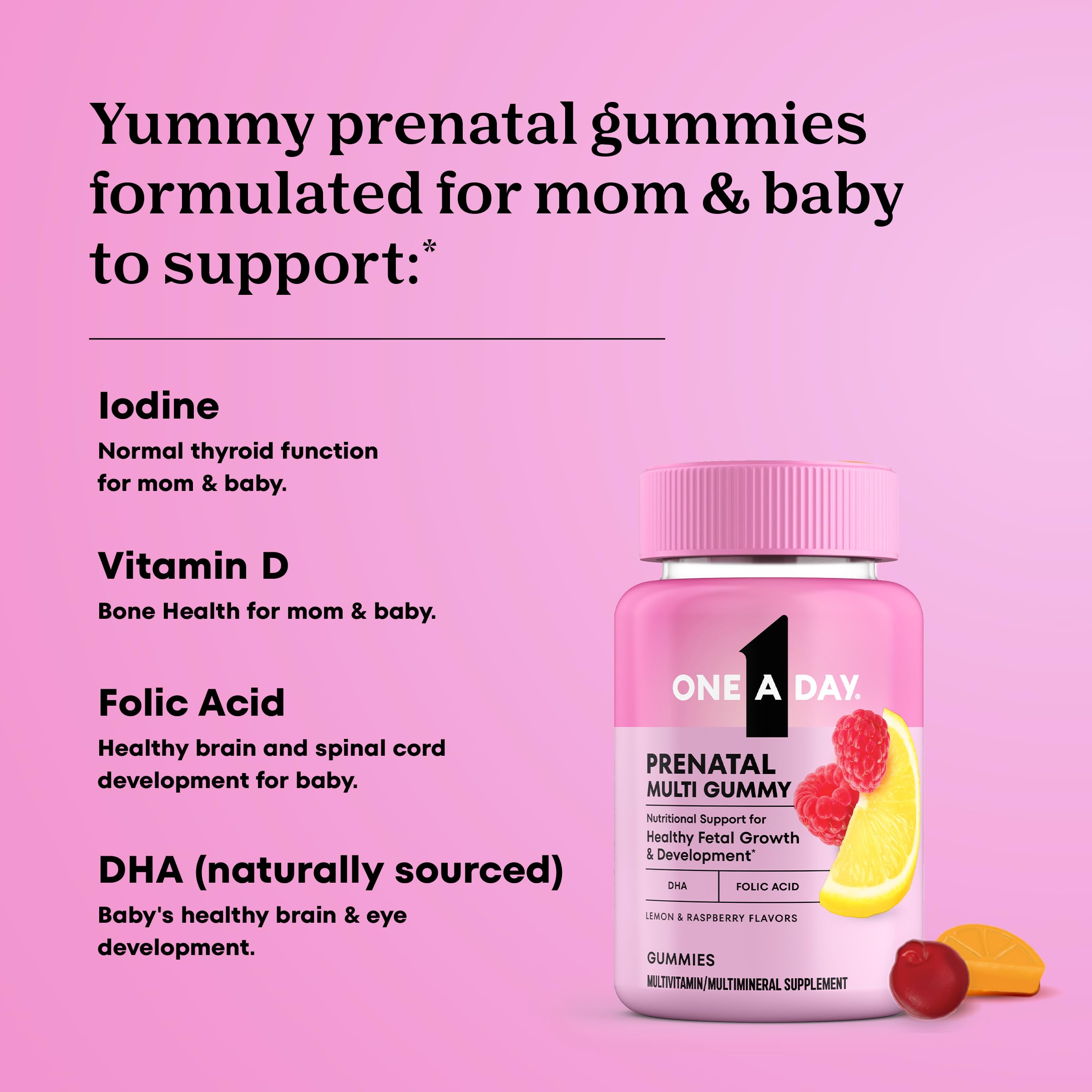 Gommes framboise ONE A DAY Prenatal, goût agréable et légère douceur.