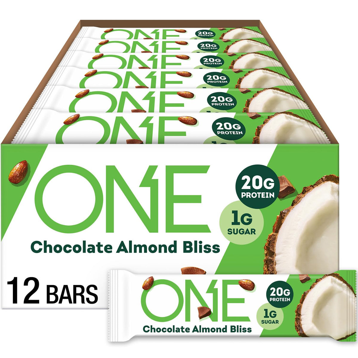 Barre ONE Chocolat Amande présentoir, encas protéiné pratique en déplacement.