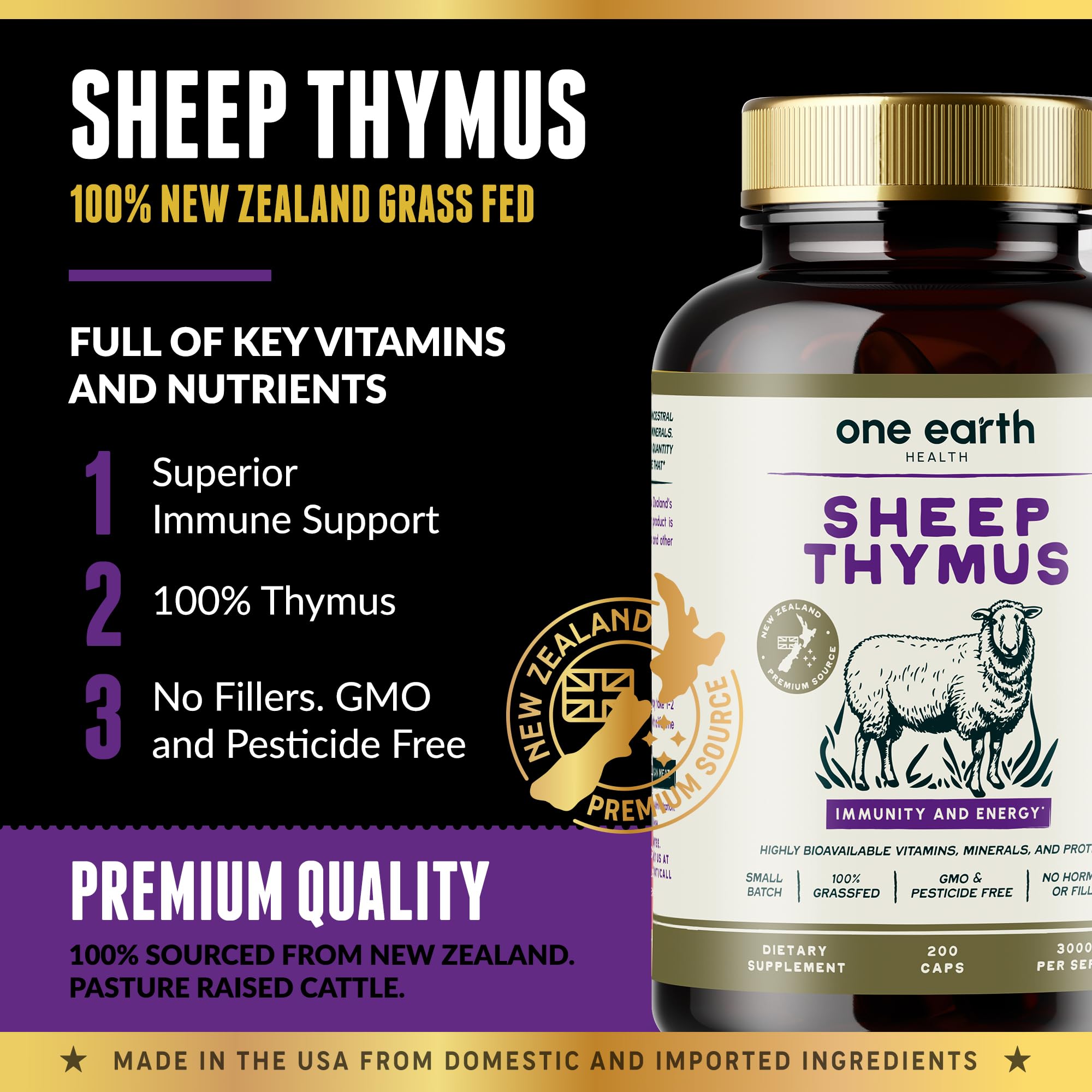 Étiquette One Earth Health Thymus montrant origine et qualité.
