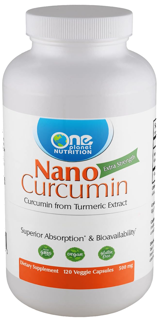 One Planet Nutrition Nano Curcumine capsules dorées sur flacon, soutien potentiel au bien-être.