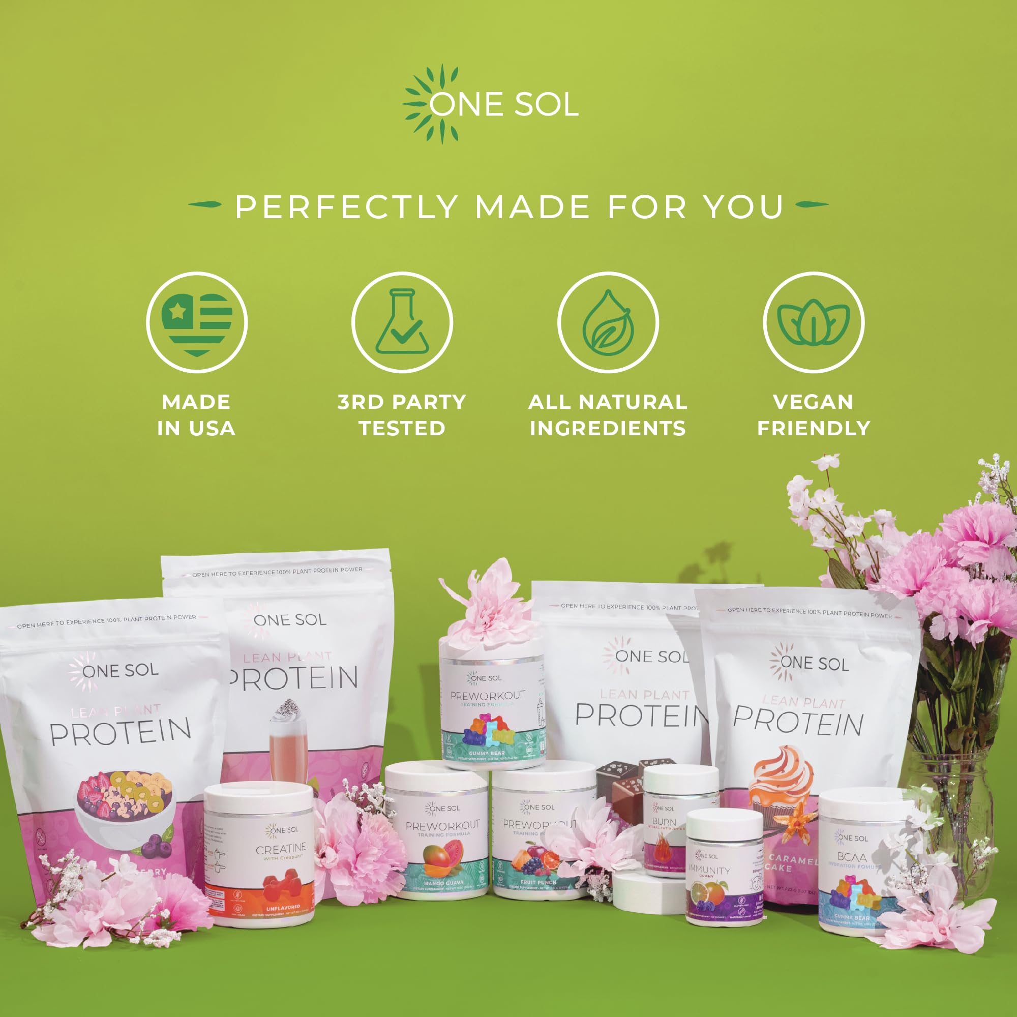One Sol Greens – Emballage vert : produit vegan et sans soja.