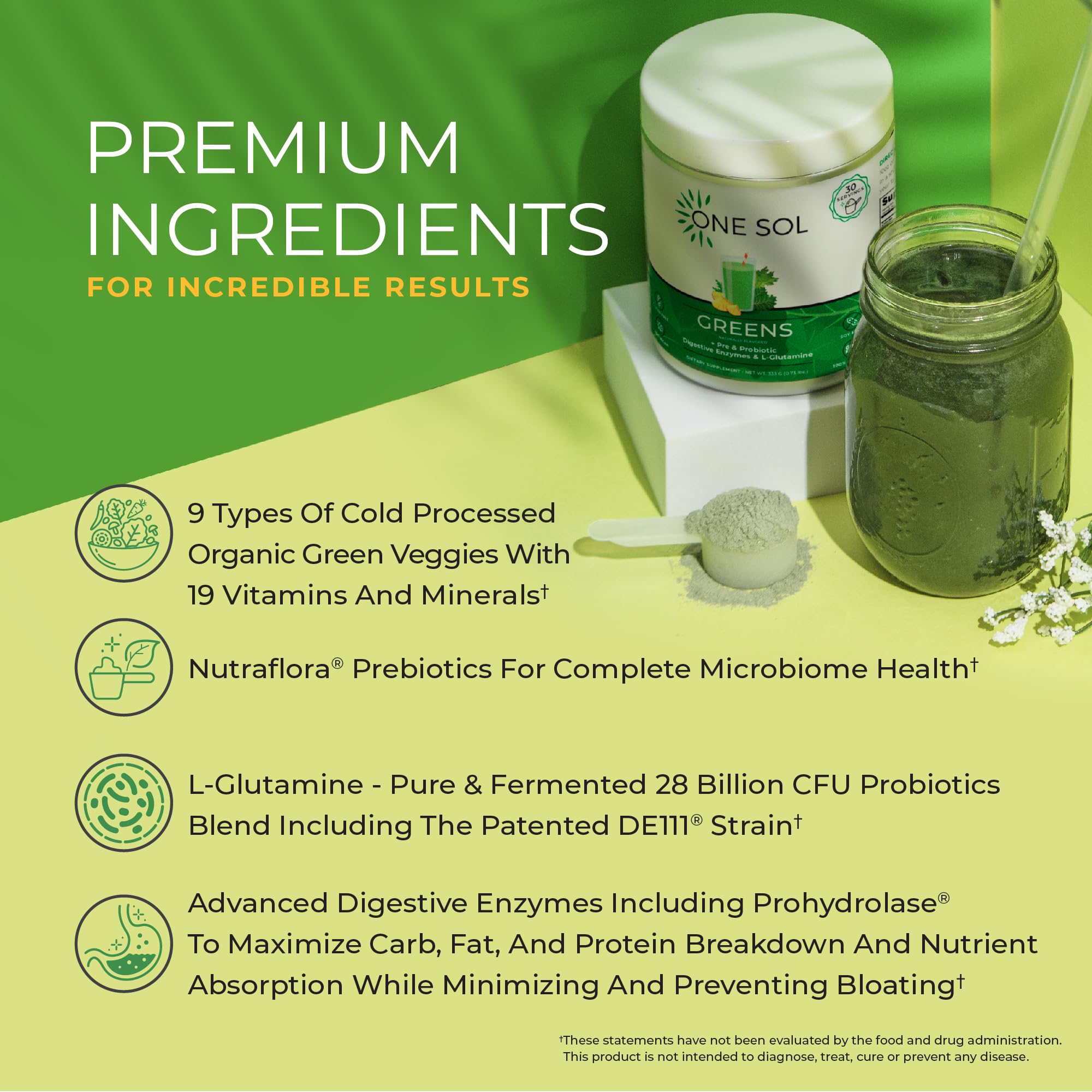 One Sol Greens – Étiquette ingrédients : pré et probiotiques et enzymes.