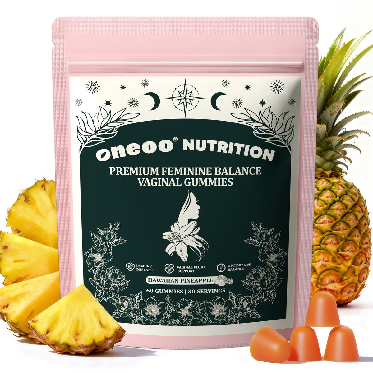 Oneoo Feminine Balance Gummies dans la bouteille, routine quotidienne possible.