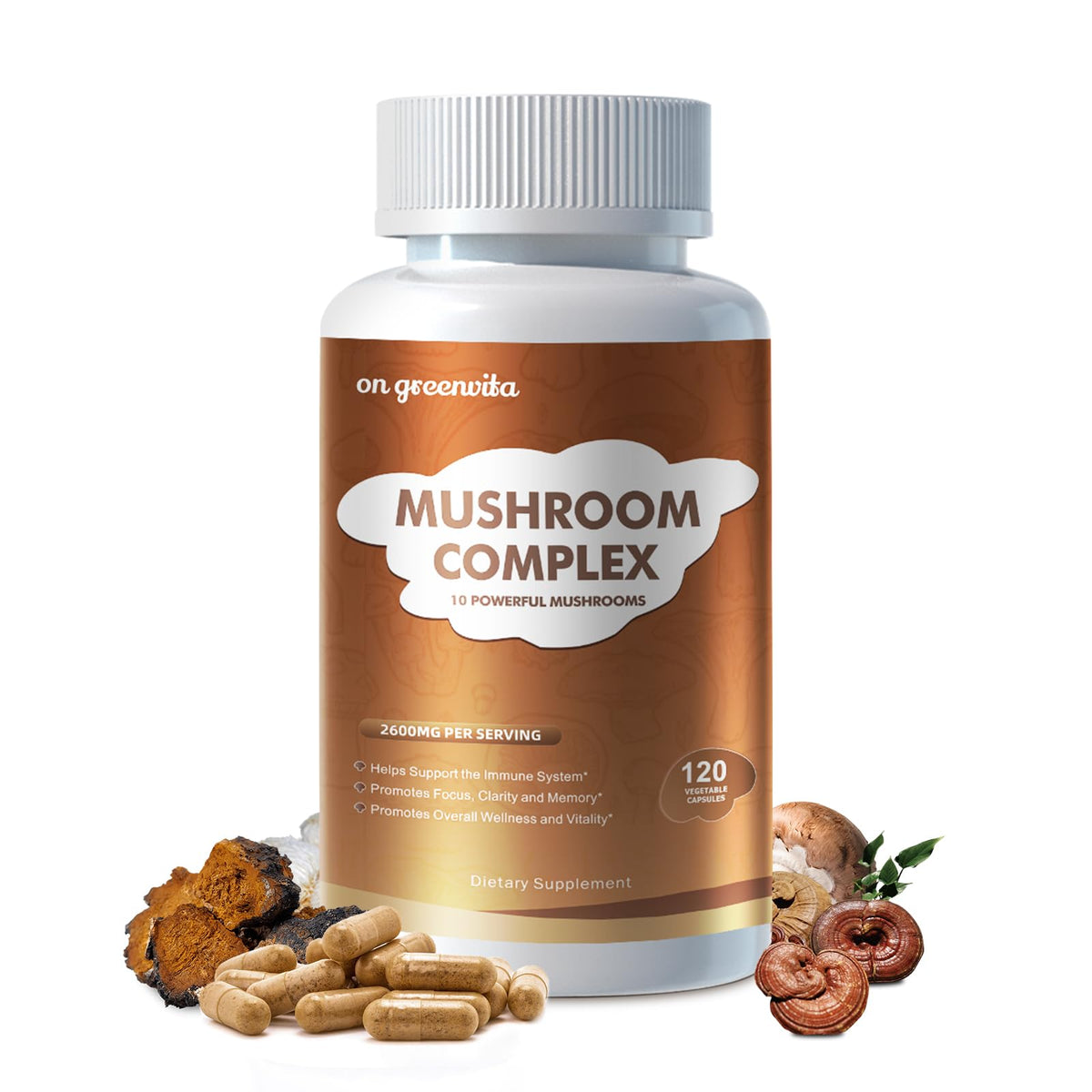 on greenvita bouteille champignons 2600mg : soutien énergie et concentration.