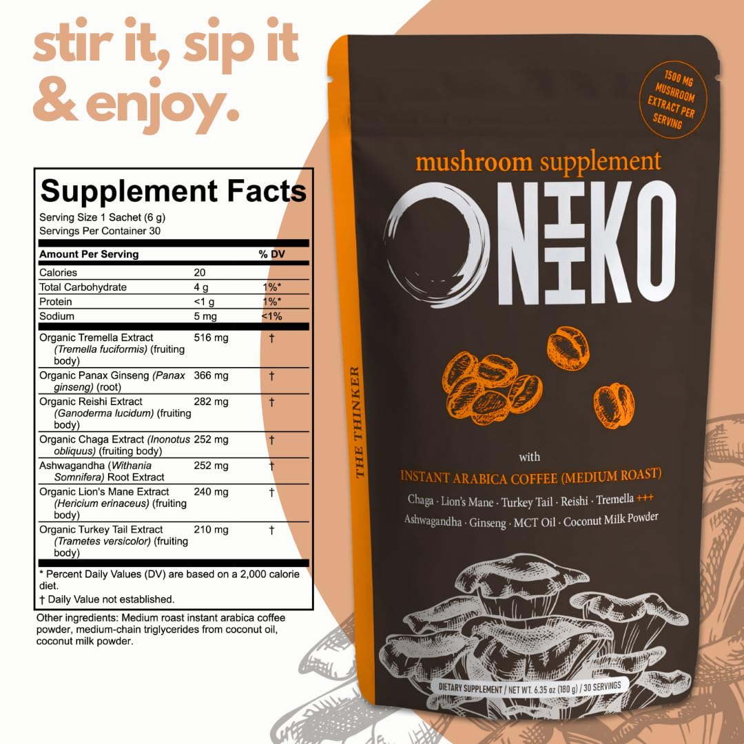 ONIIKO Café 5 Champignons – sachet individuel prêt à mélanger pour latte rapide