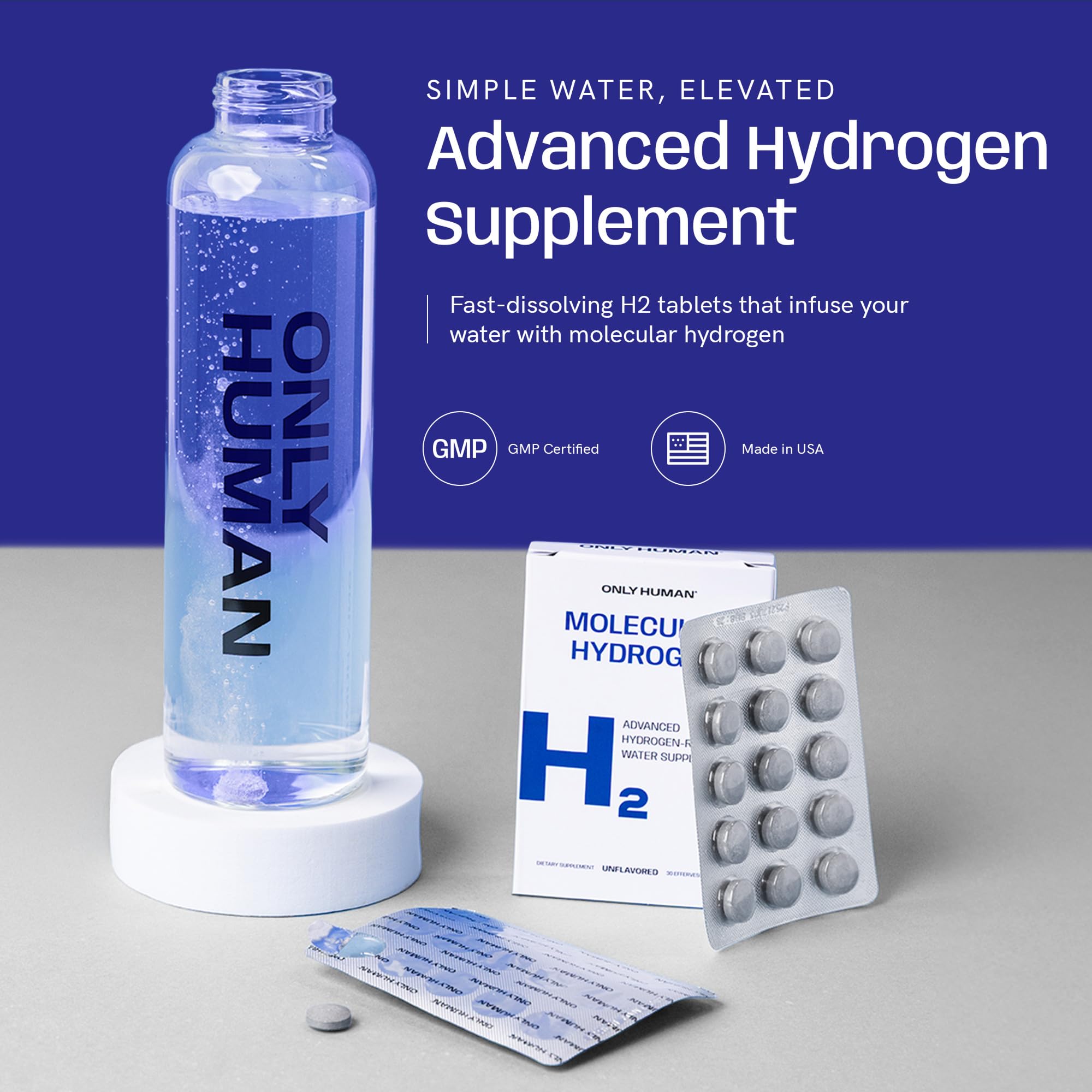 ONLY HUMAN tablettes hydrogène eau avec magnésium pour hydratation équilibrée.