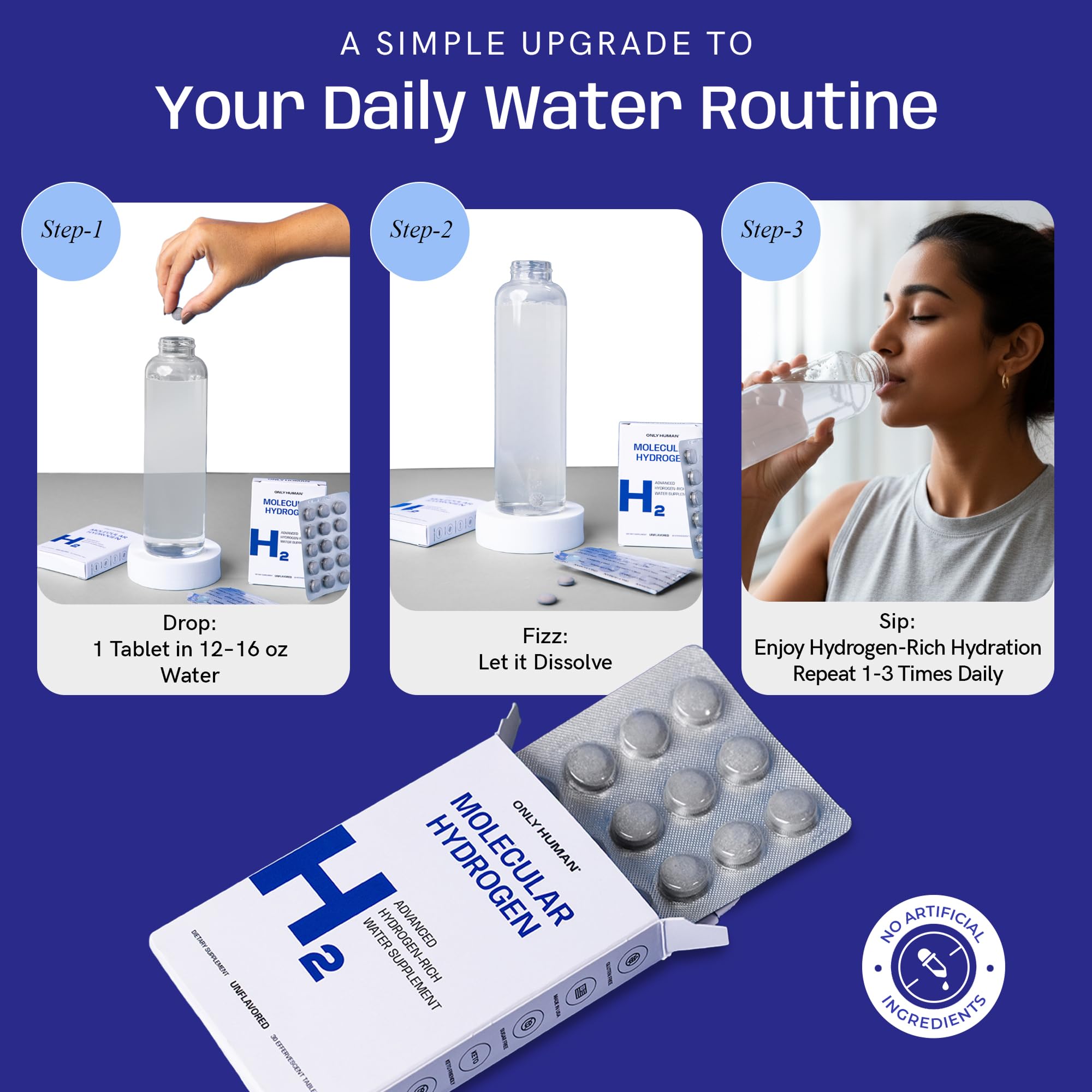 ONLY HUMAN tablettes hydrogène eau fabriqué aux États‑Unis, qualité GMP.