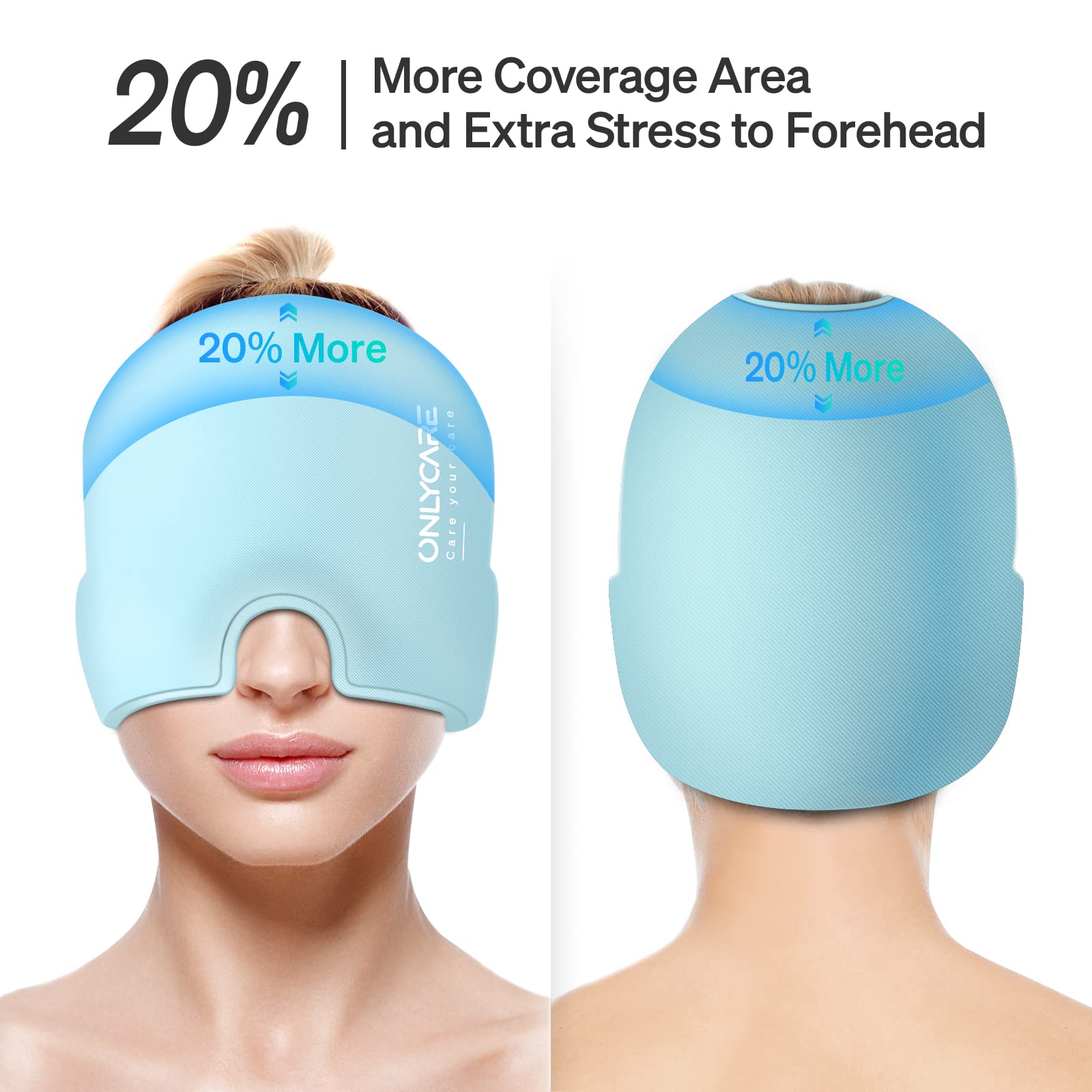 ONLYCARE Migraine Relief Cap bleu : bloque partiellement la lumière pour un espace sombre.