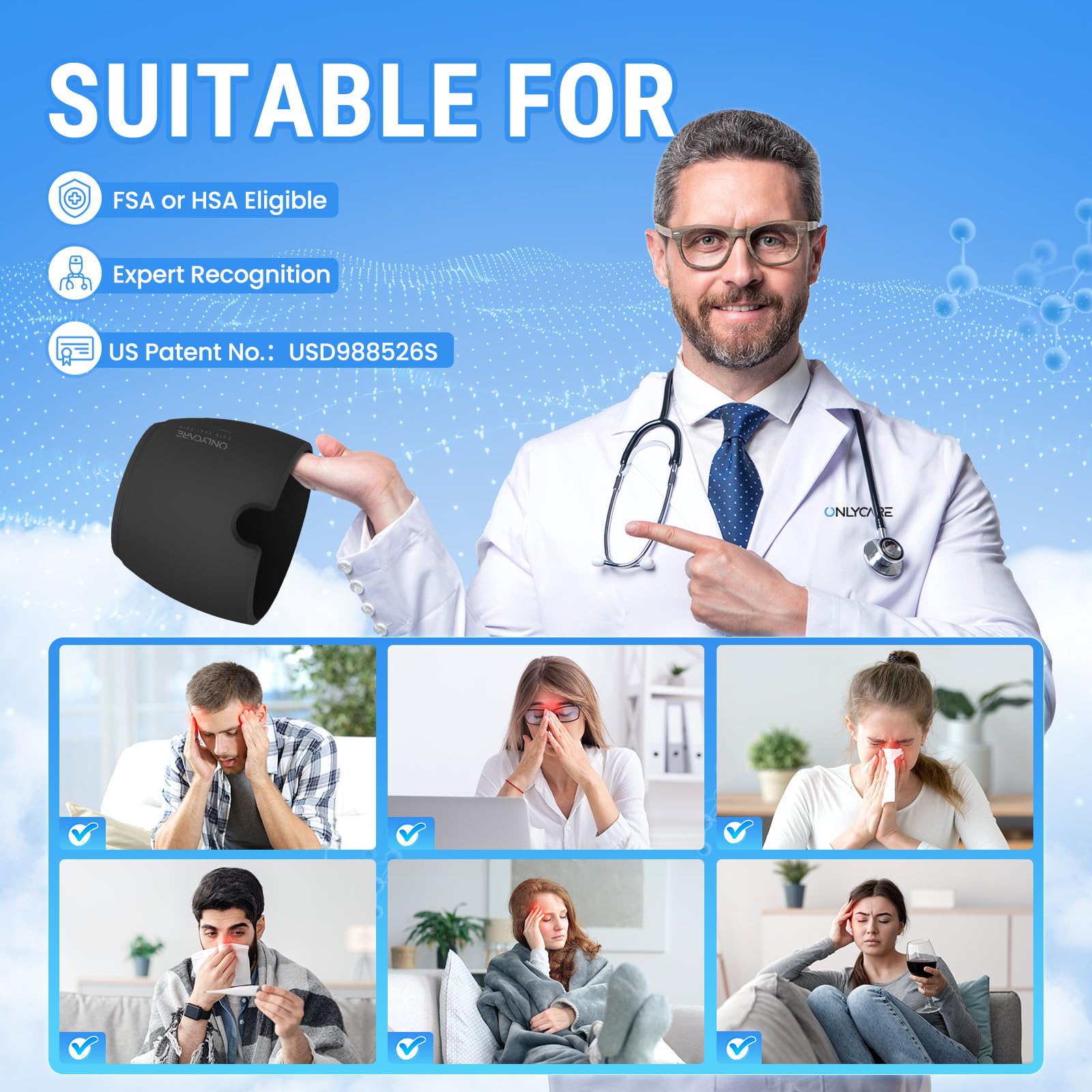 ONLYCARE Migraine Relief Cap cible tempes et front pour un soulagement ciblé.