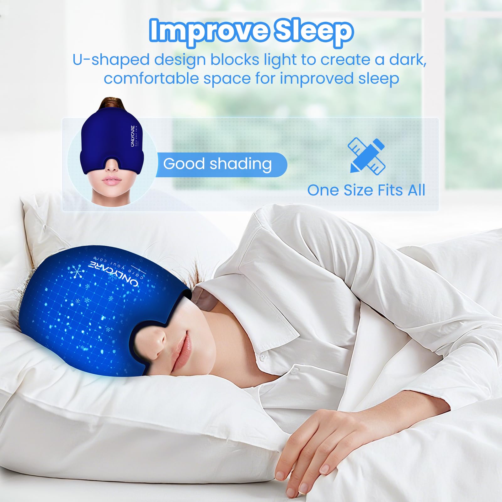 ONLYCARE Cap de soulagement migraine : adaptabilité couvrant les zones frontales et tempes.