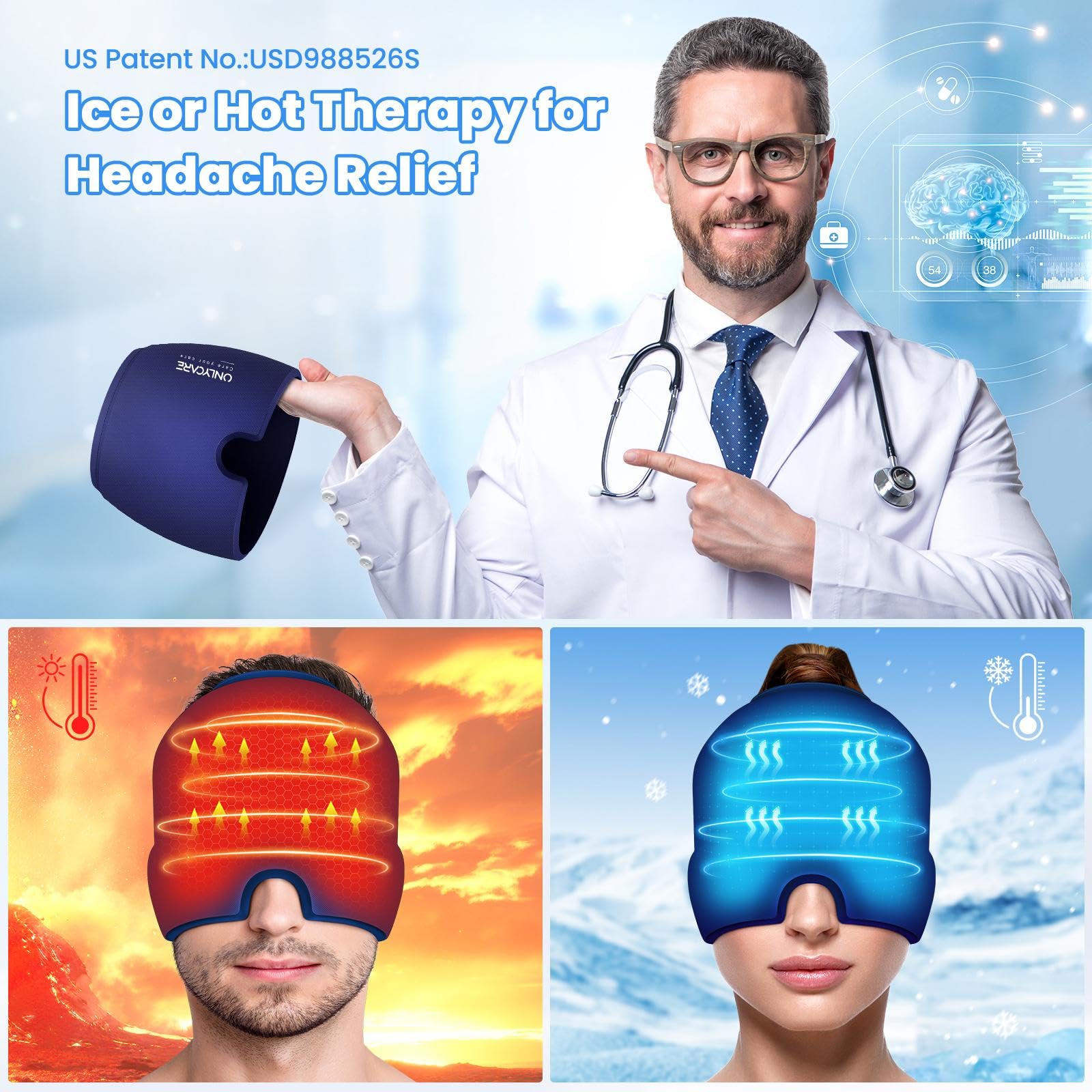 ONLYCARE Cap de soulagement migraine : gel 360° en contact doux pour refroidissement efficace.