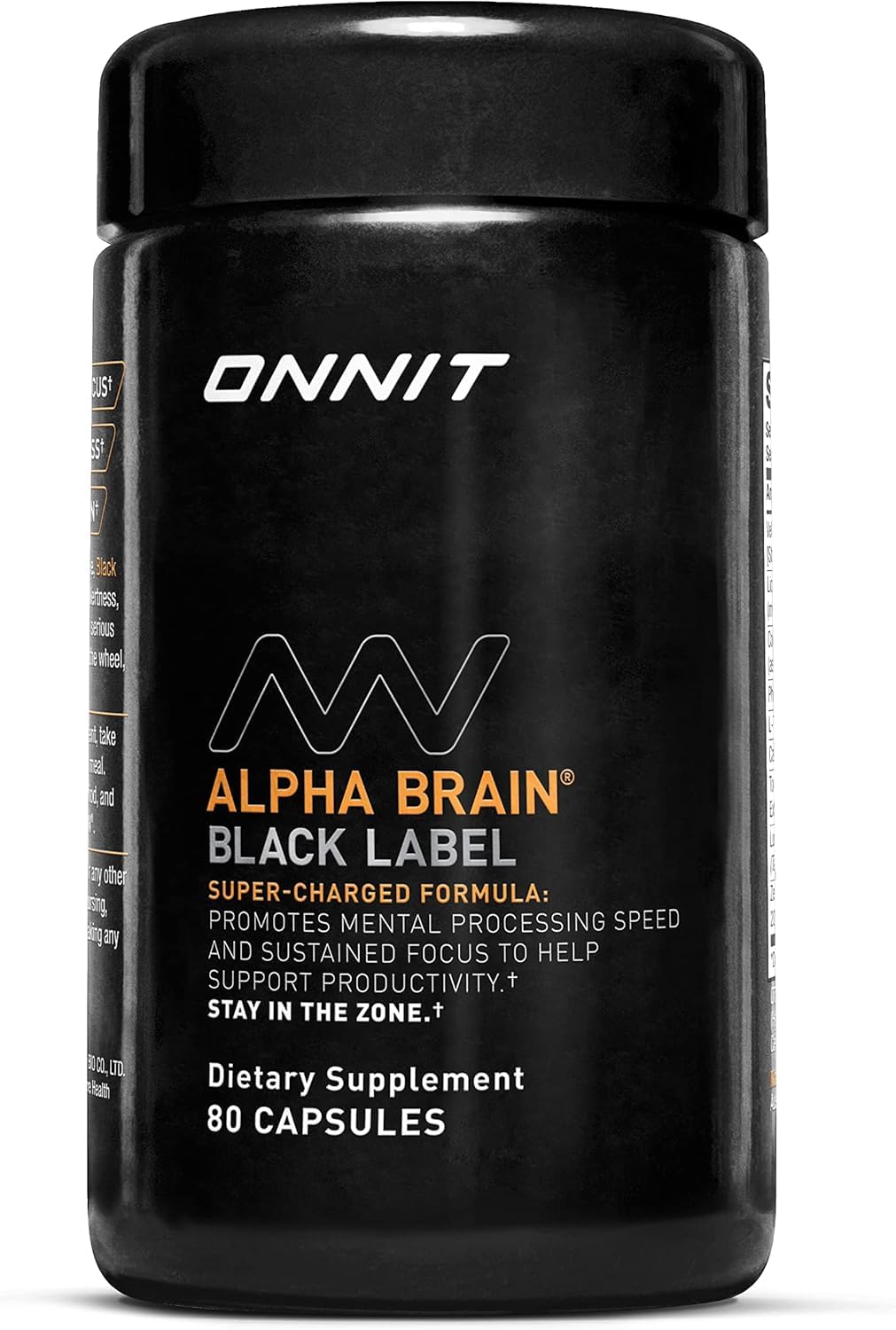 Bouteille ONNIT Alpha Brain Black Label, concentration potentielle améliorée au quotidien.