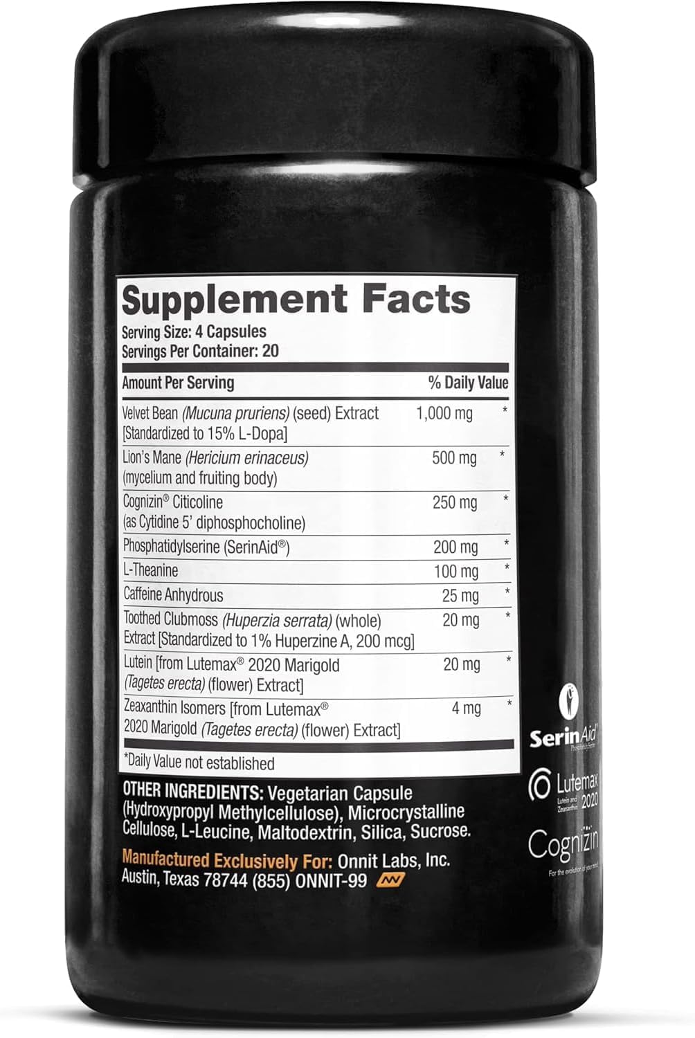 Capsules ONNIT Alpha Brain Black Label, usage quotidien pour soutenir la concentration et l'énergie mentale.