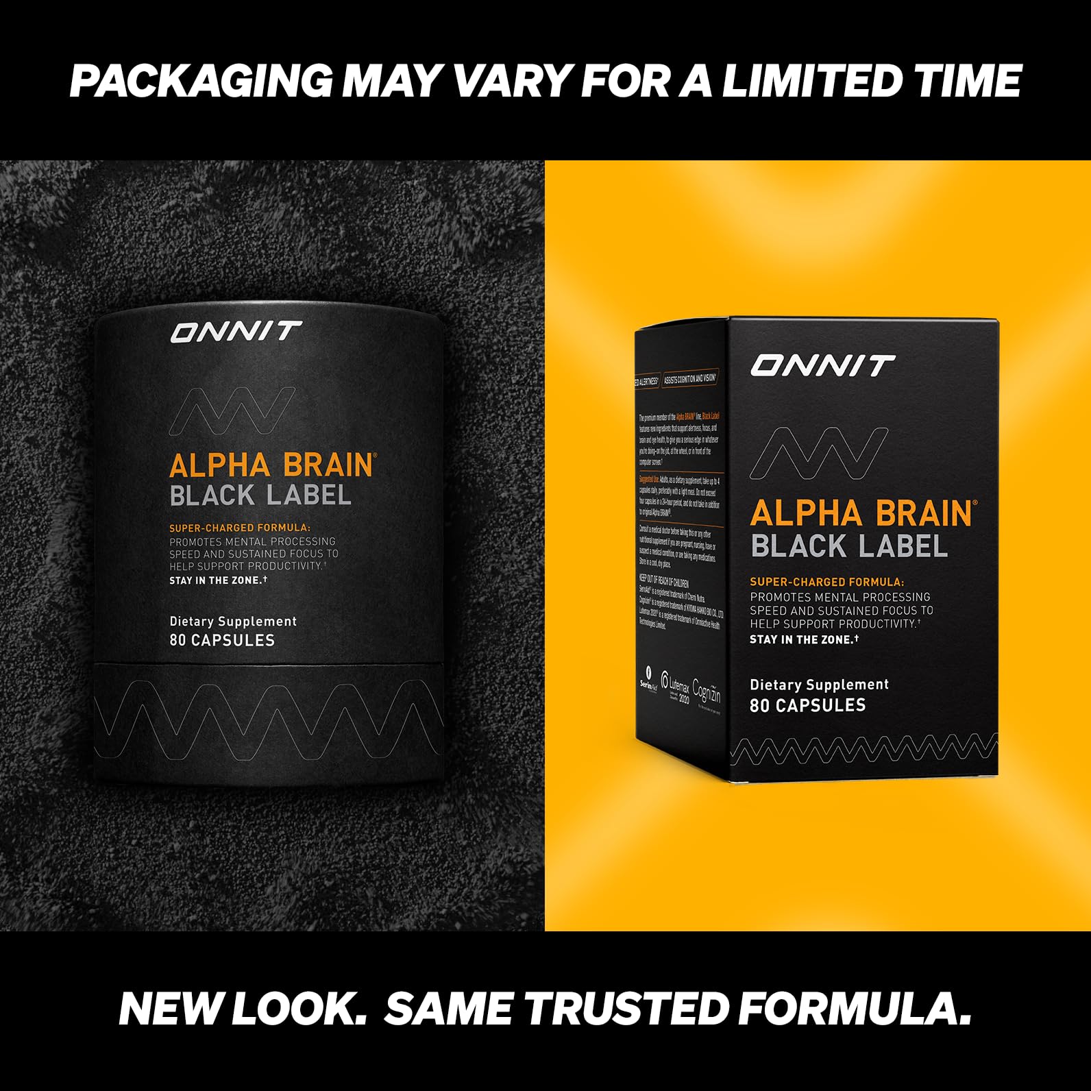 Étiquette zoom ONNIT Alpha Brain Black Label, transparence des ingrédients pour le focus.