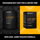 Étiquette zoom ONNIT Alpha Brain Black Label, transparence des ingrédients pour le focus.