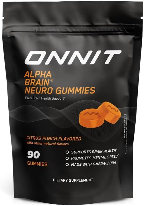 ONNIT Alpha Brain: bouteille de bonbons gélifiés, dégustation discrète pour rester concentré au travail.
