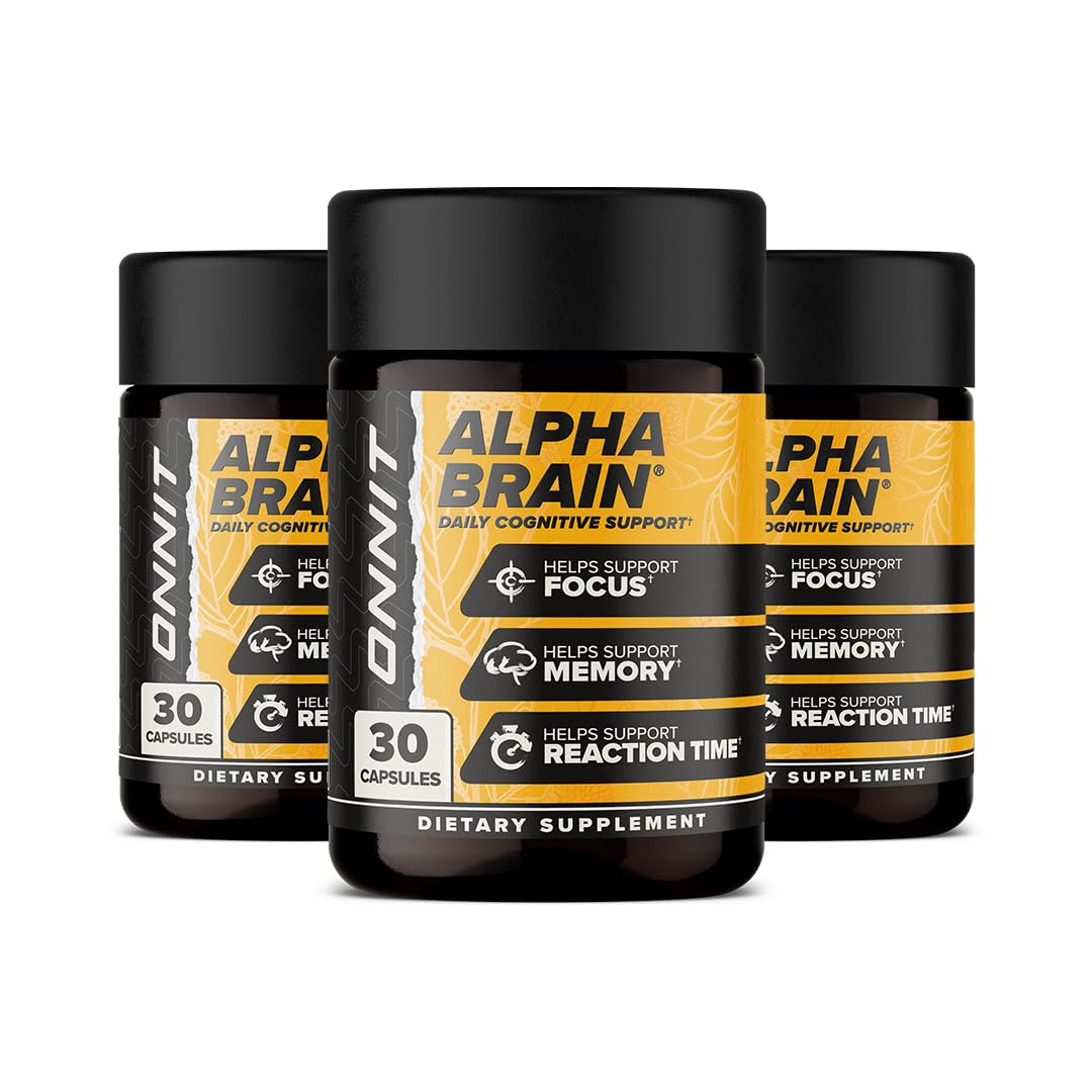 ONNIT Alpha Brain – bouteille ouverte et capsules prêtes à l’emploi pour la concentration.