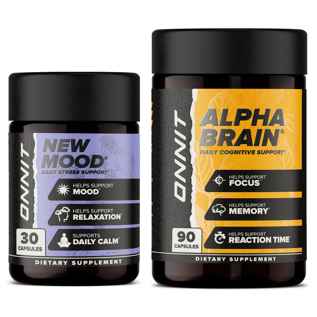 ONNIT Alpha Brain flacon recto, soutien potentiel a la concentration au travail.