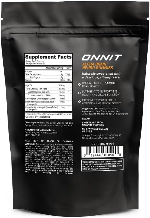 Gros plan sur les bonbons gélifiés ONNIT Alpha Brain, chewing doux et pratique.