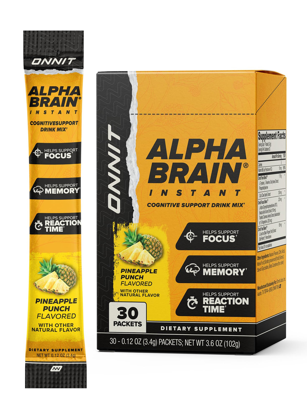 ONNIT Alpha Brain Instant, bouteille Ananas Punch, soutien potentiel à la concentration