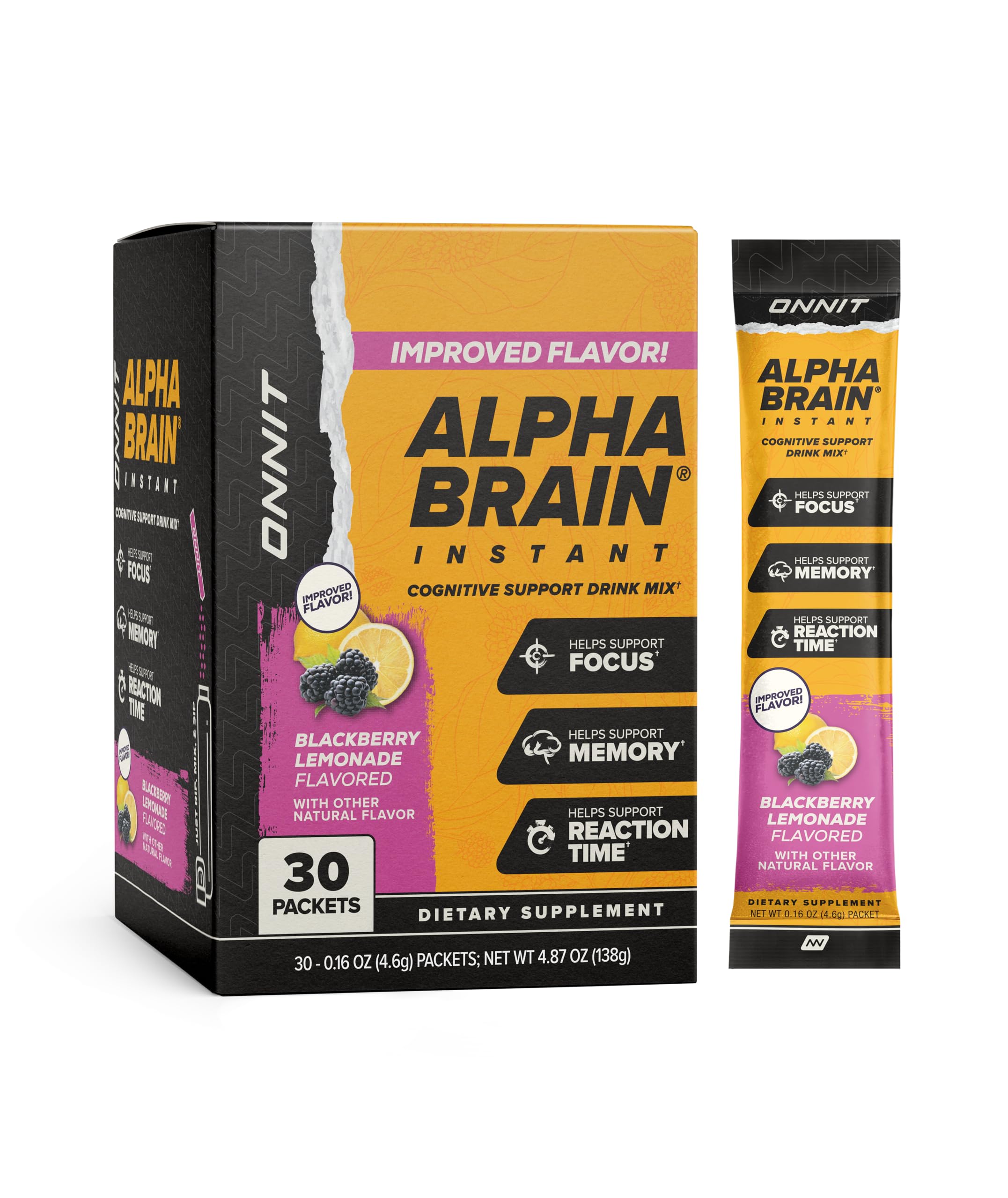 ONNIT Alpha Brain Instant, sachets-boisson, pratique pour concentration en déplacement