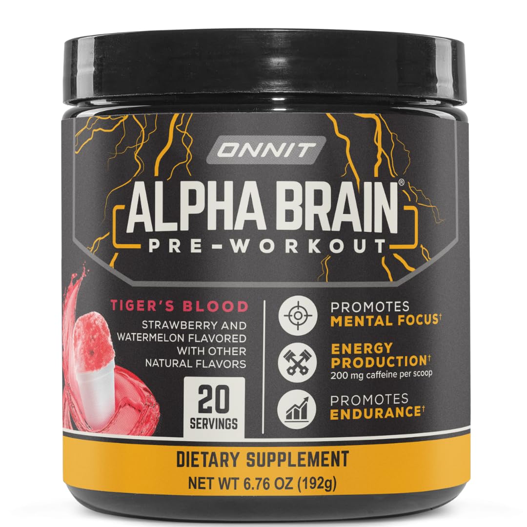 ONNIT Alpha Brain Pré-Entraînement en emballage, énergie et concentration.
