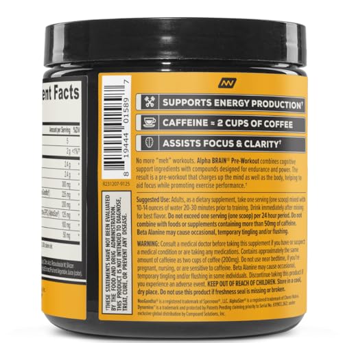 Gros plan sur les ingrédients d'ONNIT Alpha Brain Pré-Entraînement, énergie ciblée.