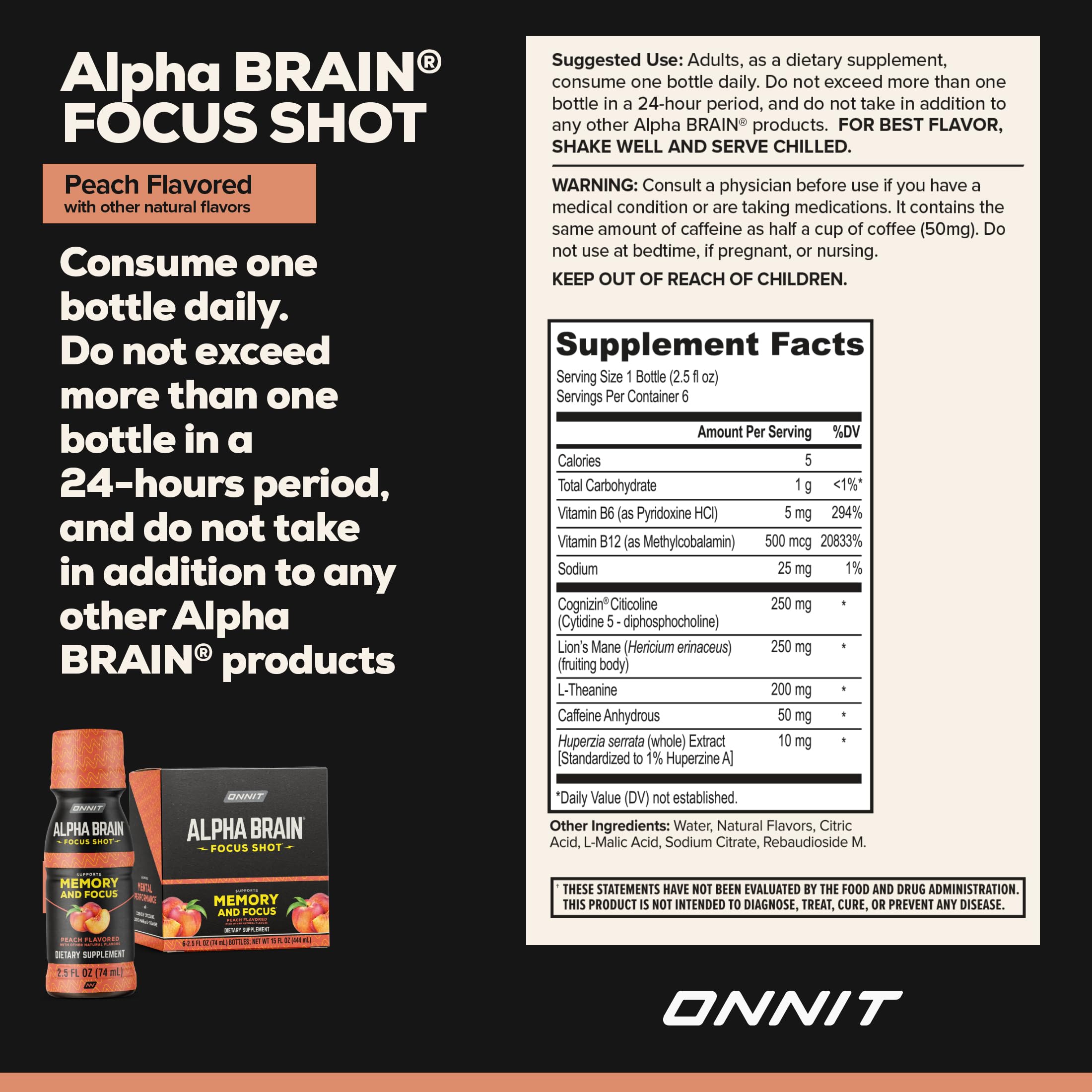 ONNIT Alpha Brain Shot pêche – emballage élégant sur table prête à consommer