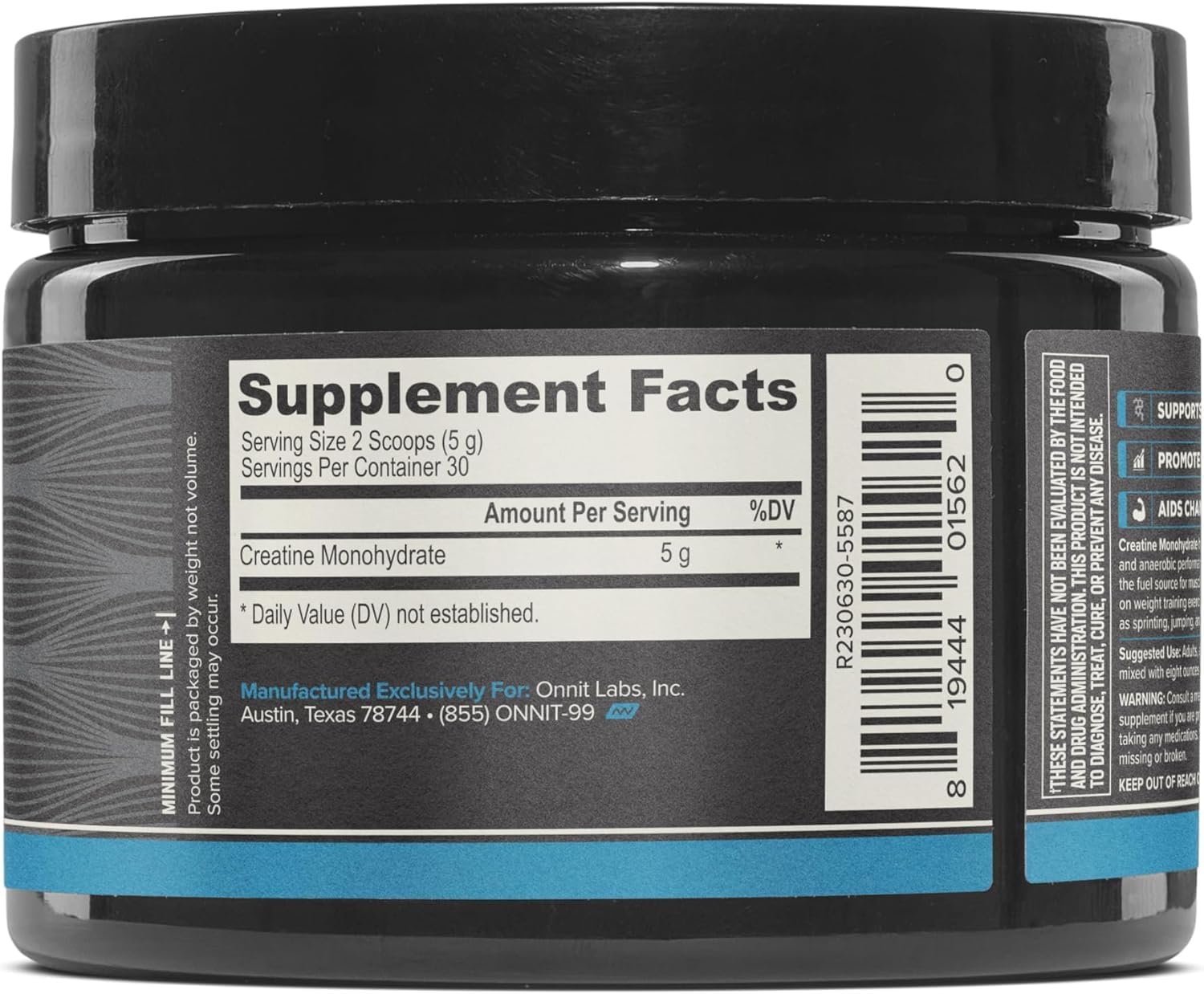 ONNIT Créatine Monohydrate Poudre avec doseuse, dosage simple pour des séances efficaces.