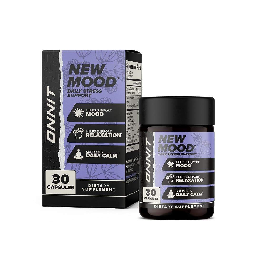 ONNIT New Mood – Bouteille visible, soutien occasionnel au stress et humeur équilibrée.