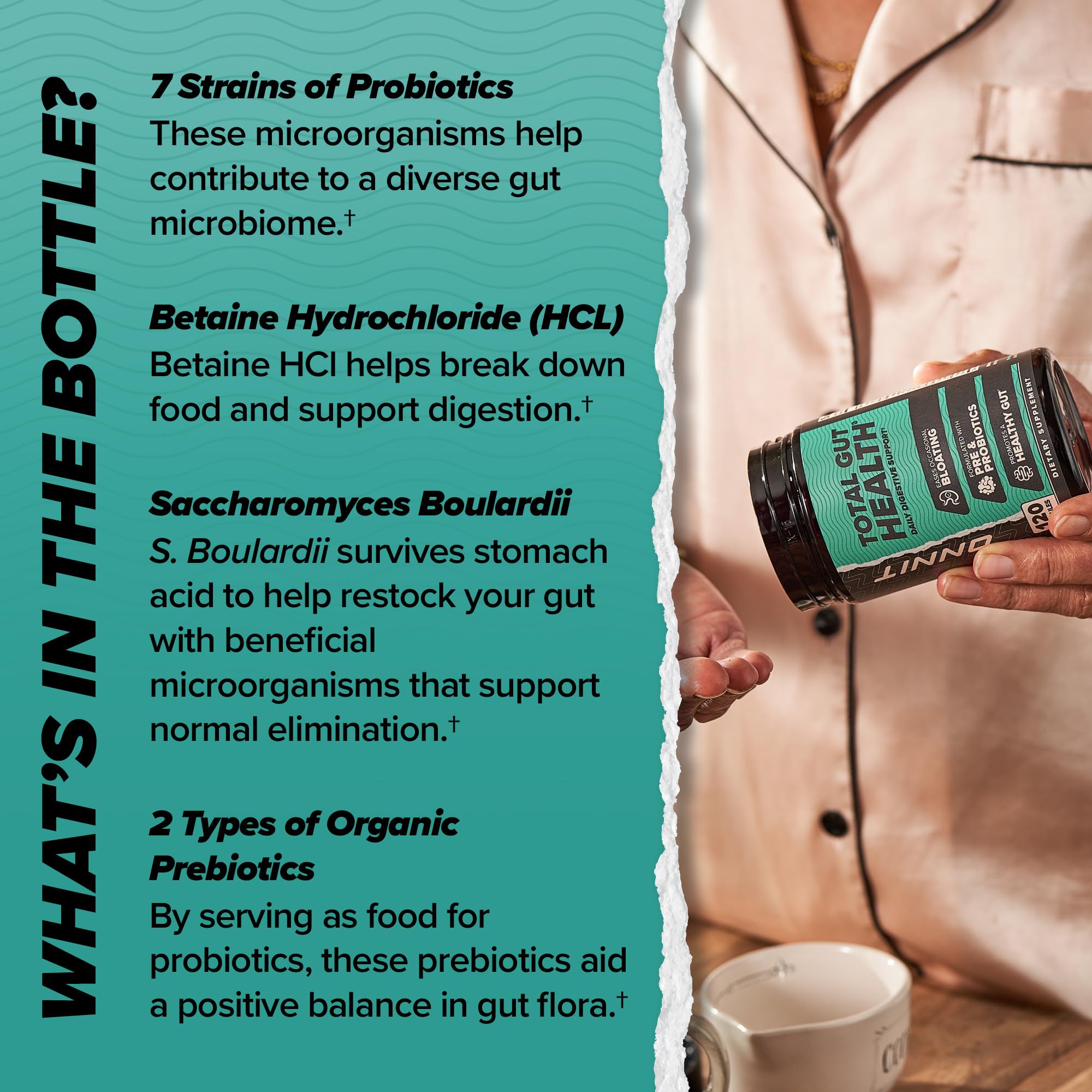 ONNIT Total Gut Health: probiotiques variés pour l'équilibre intestinal.