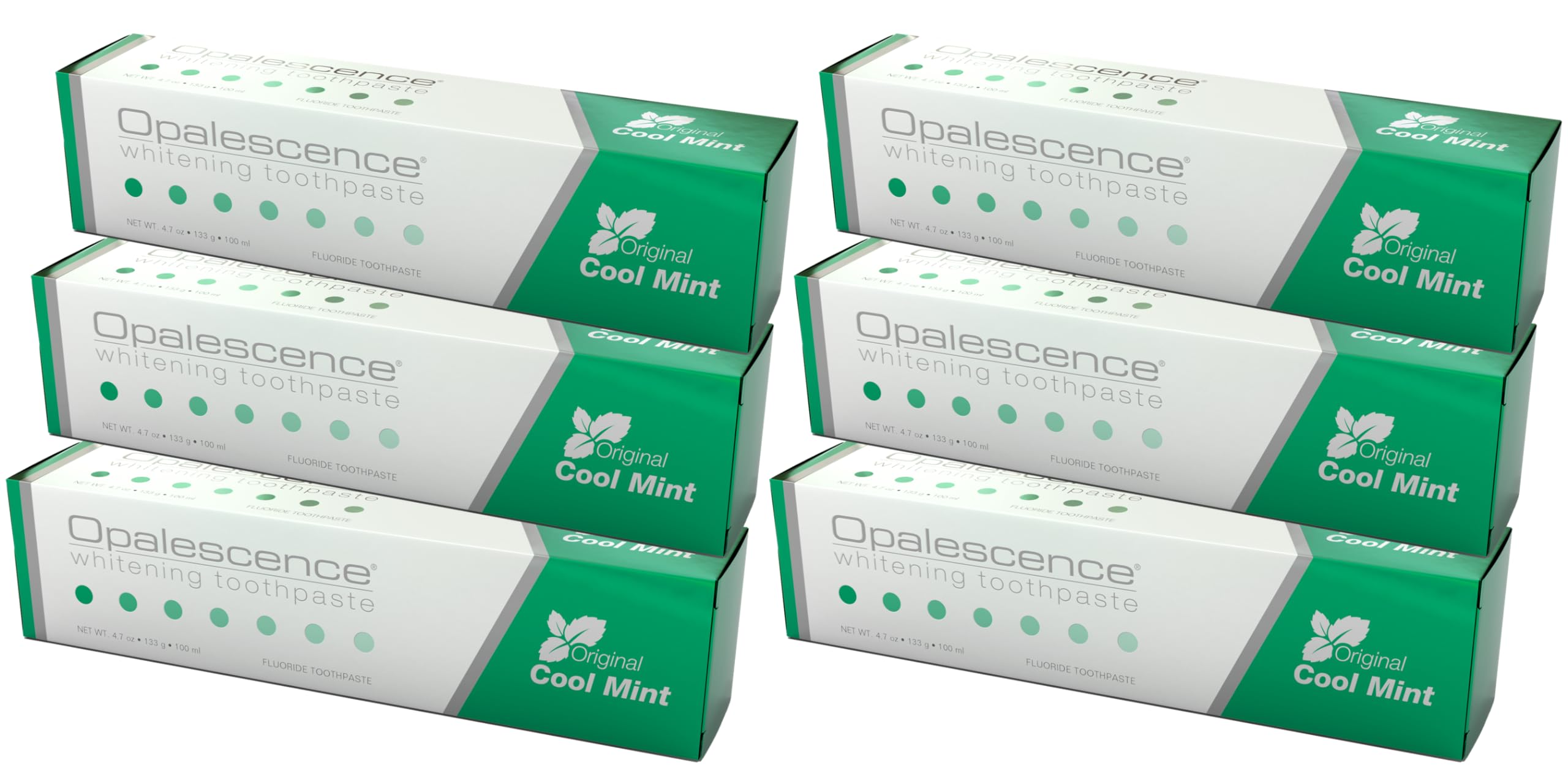 Opalescence dentifrice blanchissant en pack de 6, menthe fraîche pour un effet lumineux.