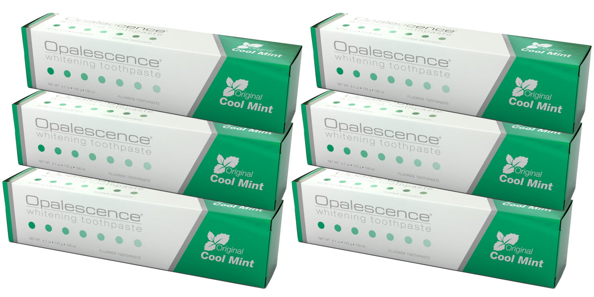 Opalescence dentifrice blanchissant en pack de 6, menthe fraîche pour un effet lumineux.