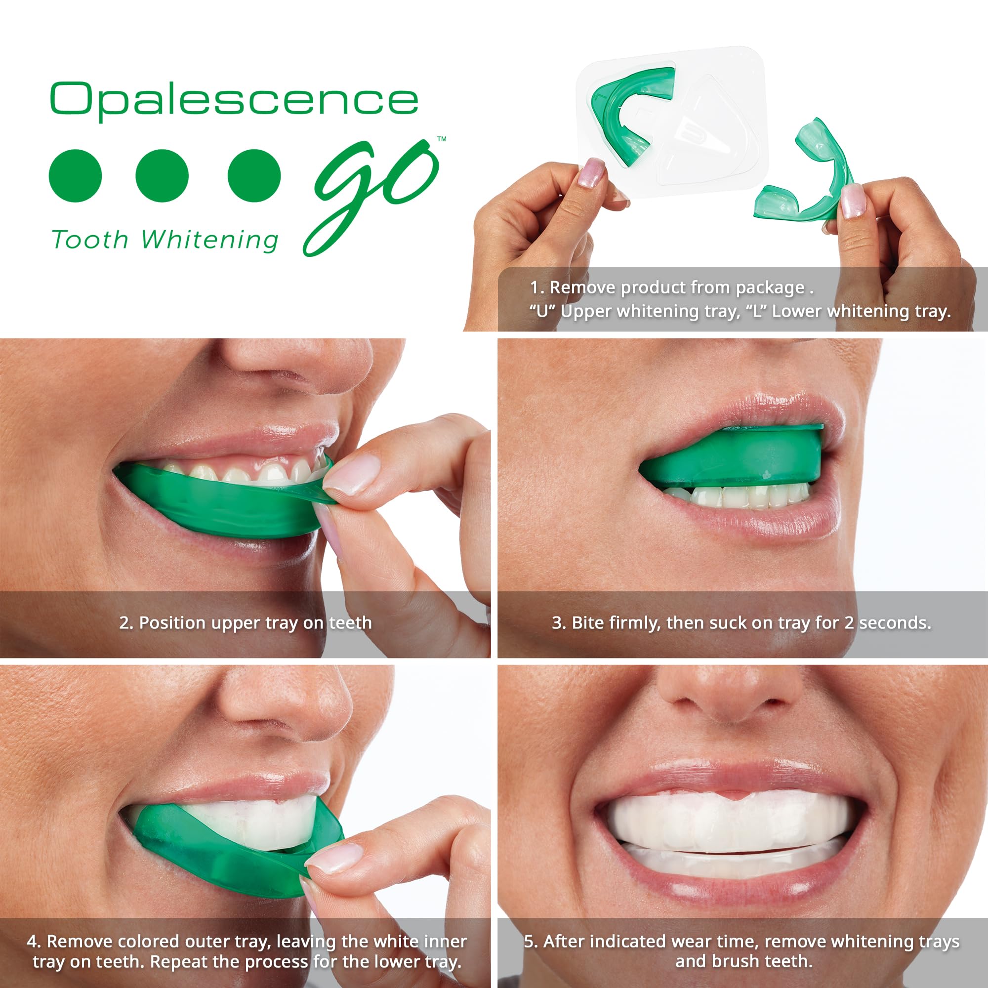 Utilisation facile des plateaux Opalescence Go pour un sourire éclatant.