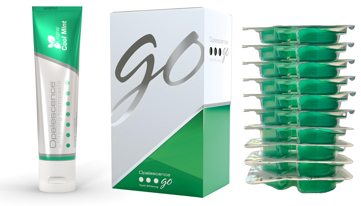 Opalescence Go : plateaux préremplis s'adaptant facilement au sourire.